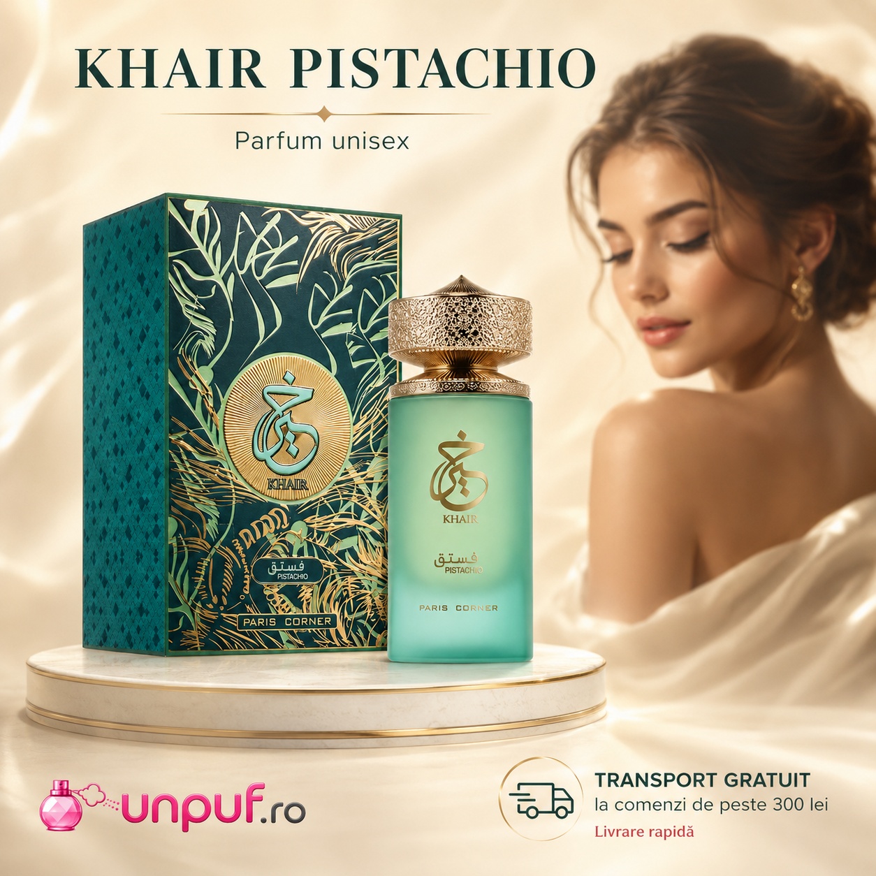 Khair Pistachio Paris Corner parfum unisex cu flacon verde fistic, cutie verde premium și transport gratuit la comenzi eligibile