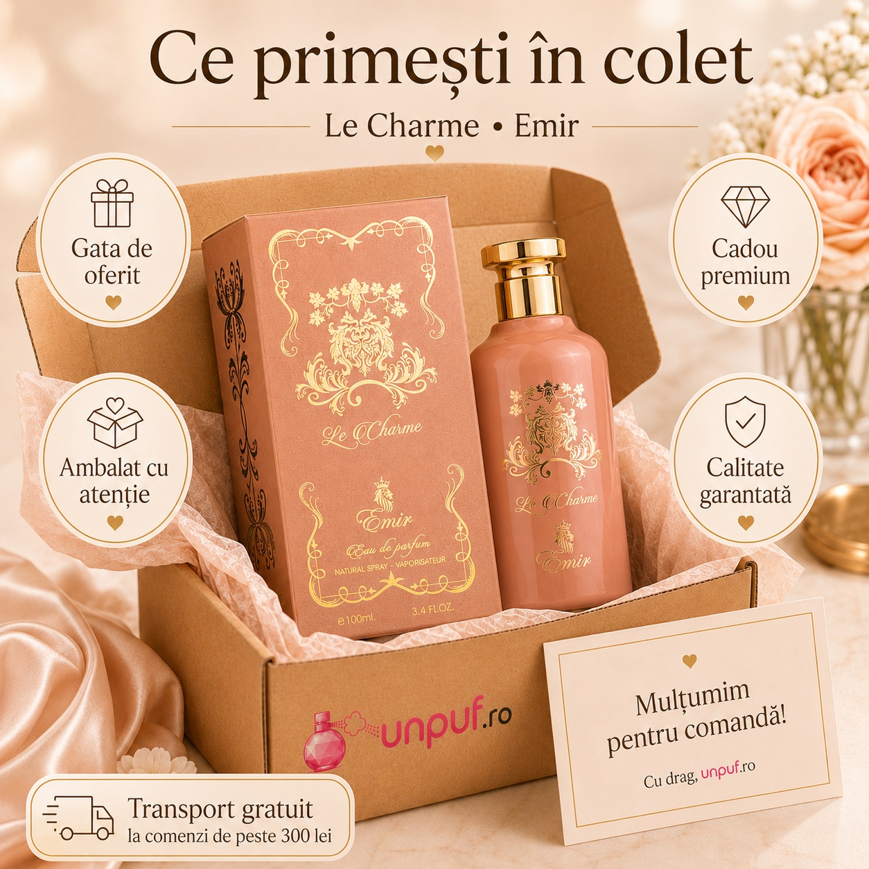 Ce primești &icirc;n colet Parfum La Charme Emir 100 ml ambalat cu atenție