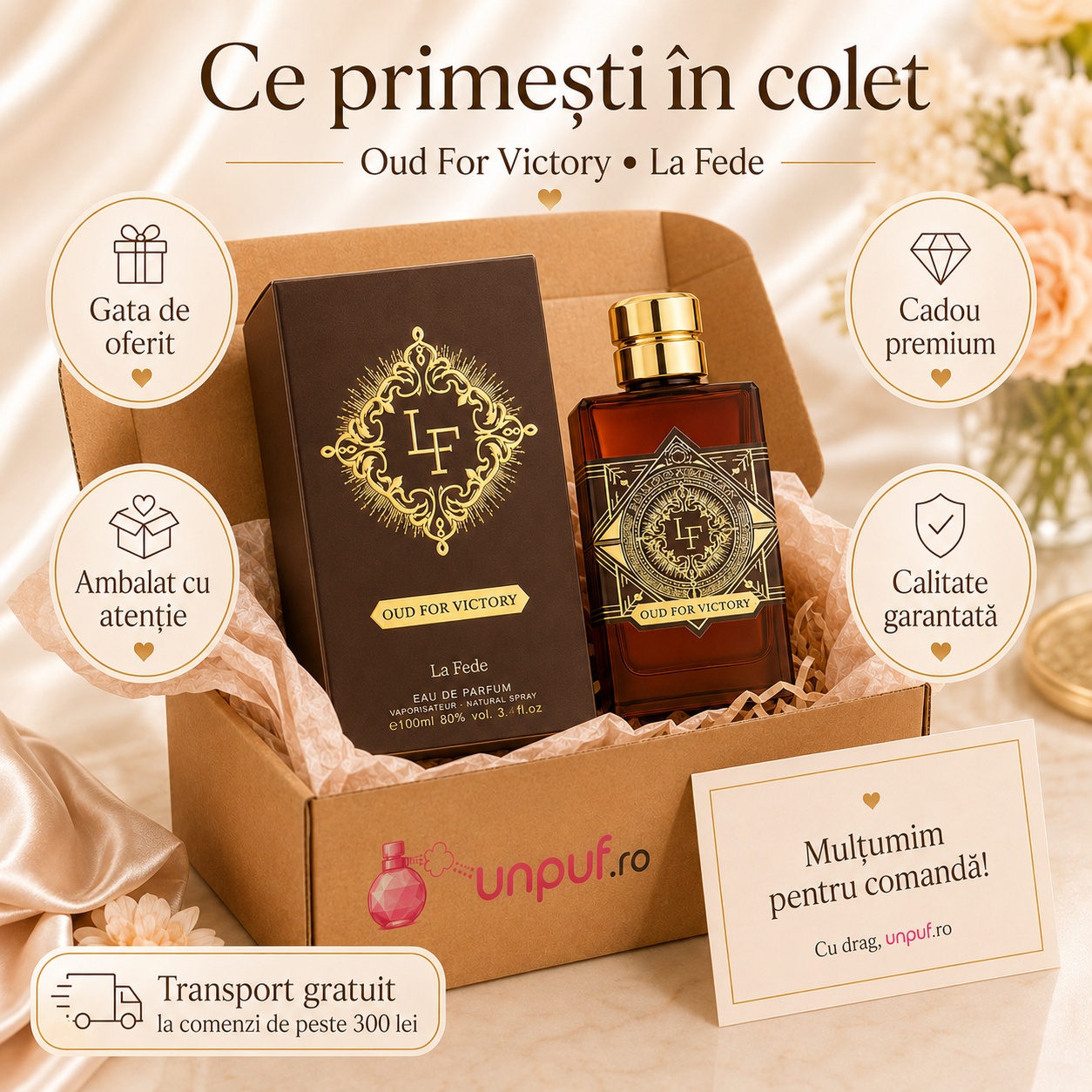 Ce primești în colet la parfumul La Fede Oud For Victory, ambalaj premium și cadou elegant