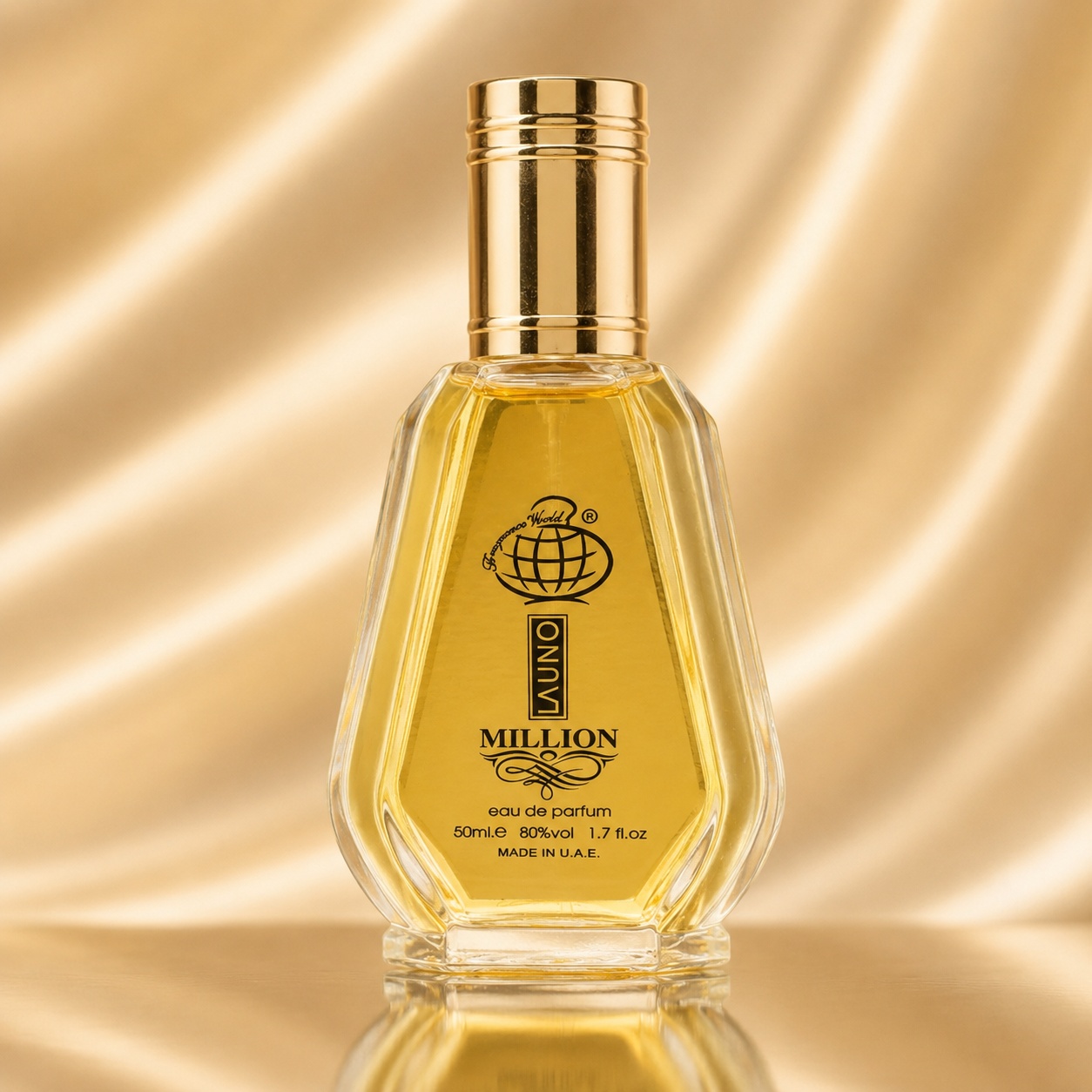 Flacon La Uno Million Fragrance World 50 ml Apă de Parfum pentru bărbați cu lichid auriu și capac metalic