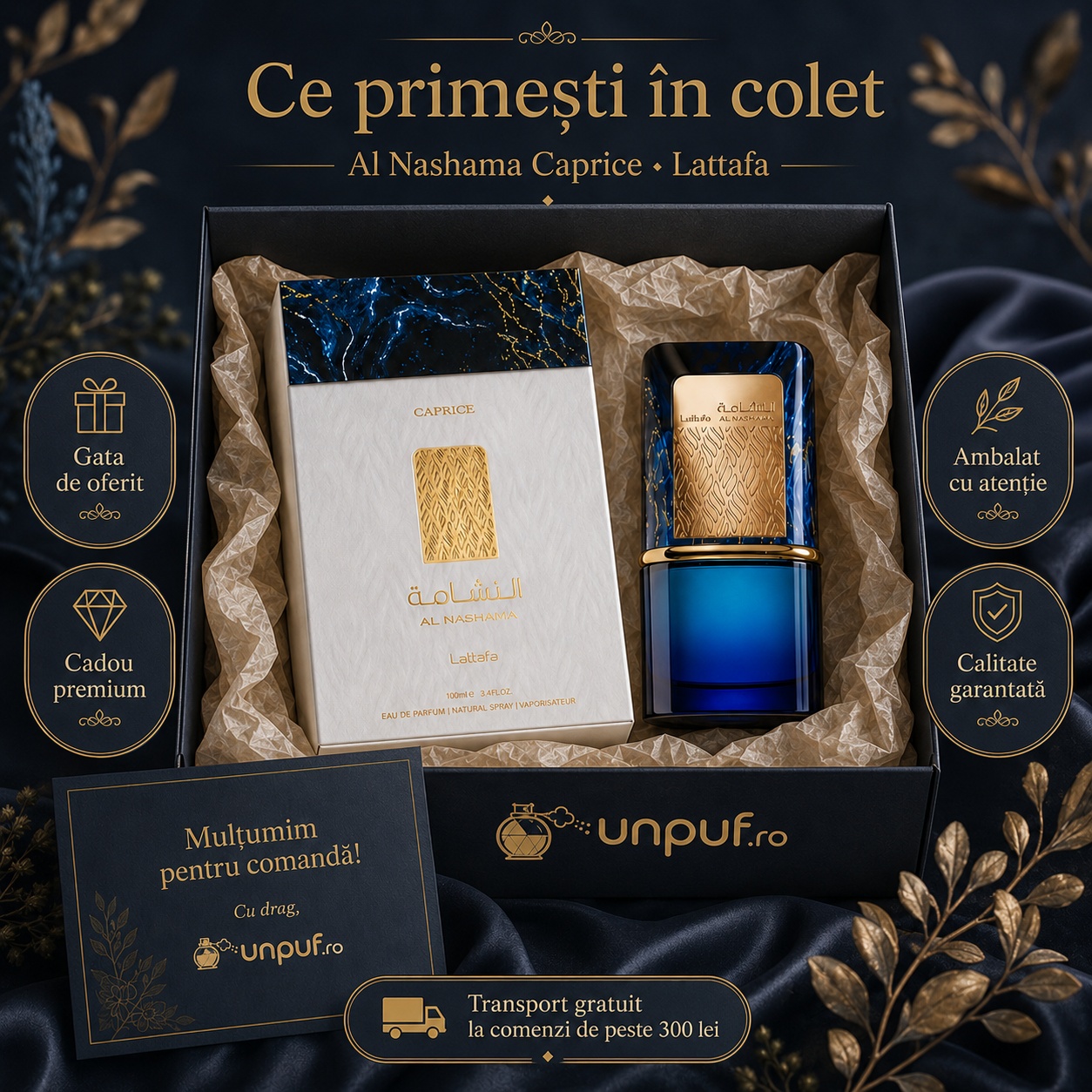 Ce primești &icirc;n colet Lattafa Al Nashama Caprice 100 ml parfum arăbesc ambalat cu atenție pentru cadou