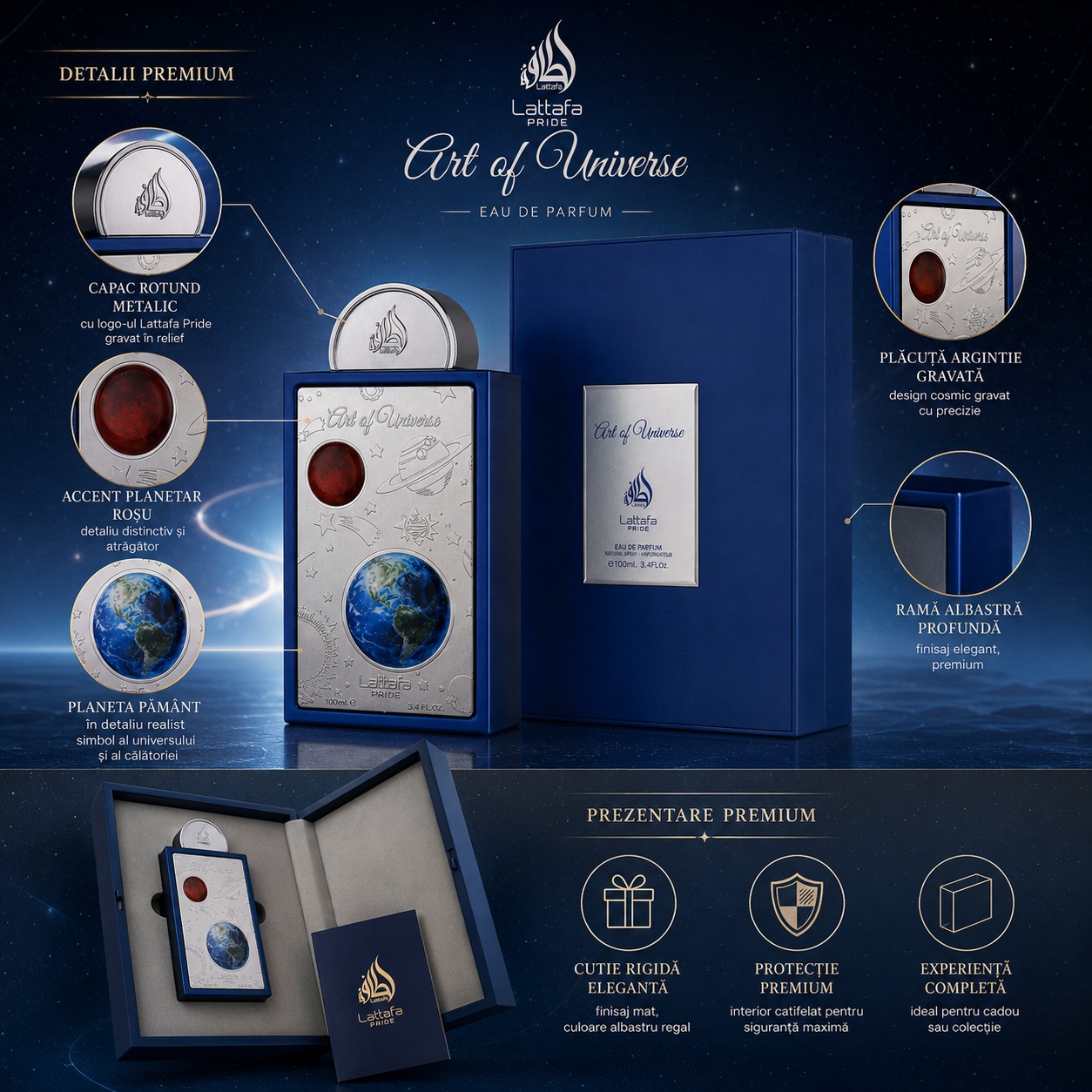 Detalii premium Parfum Lattafa Art Of Universe capac metalic placă argintie ramă albastră și ambalaj de lux