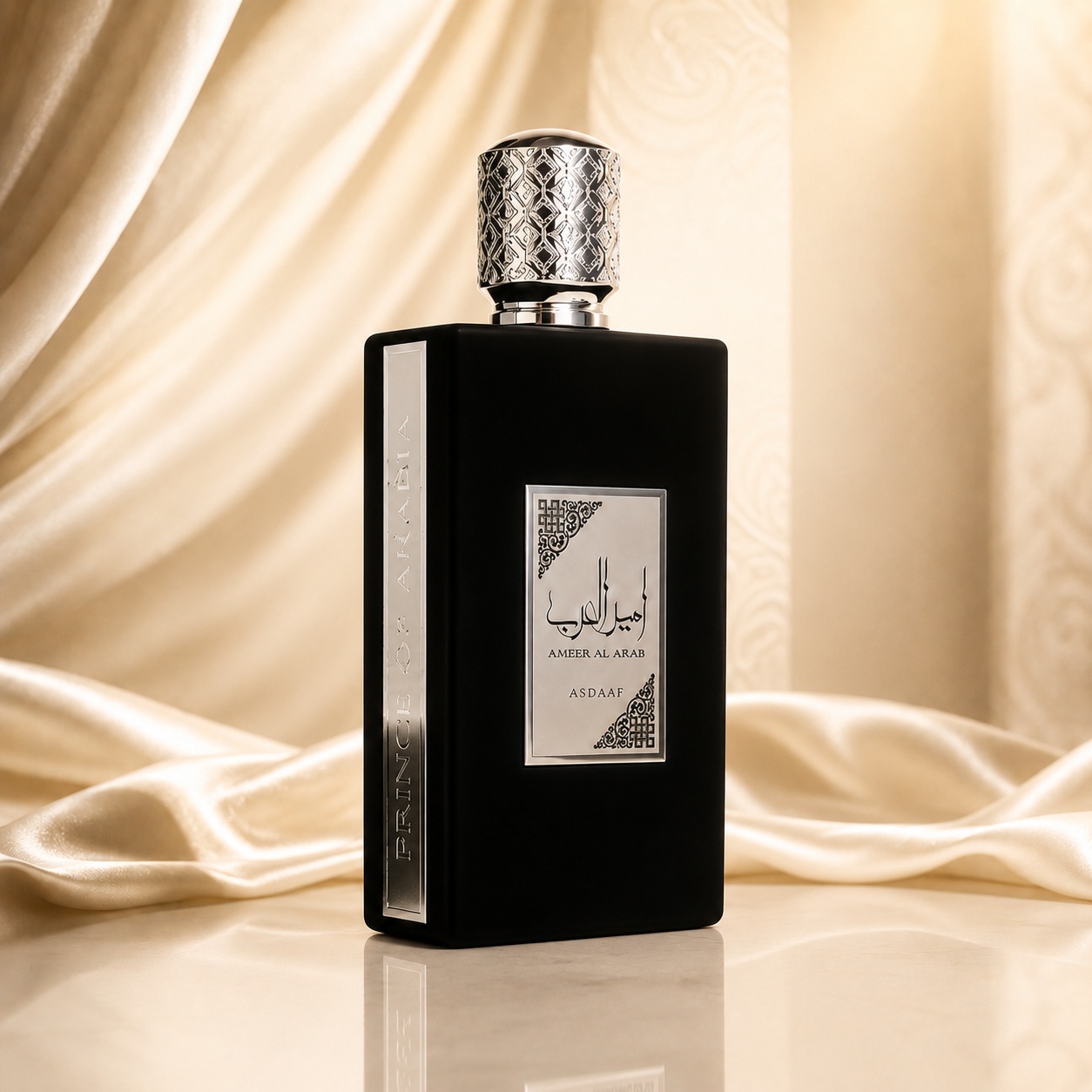 Flacon Lattafa Asdaaf Ameer Al Arab 100 ml parfum bărbătesc negru cu detalii argintii