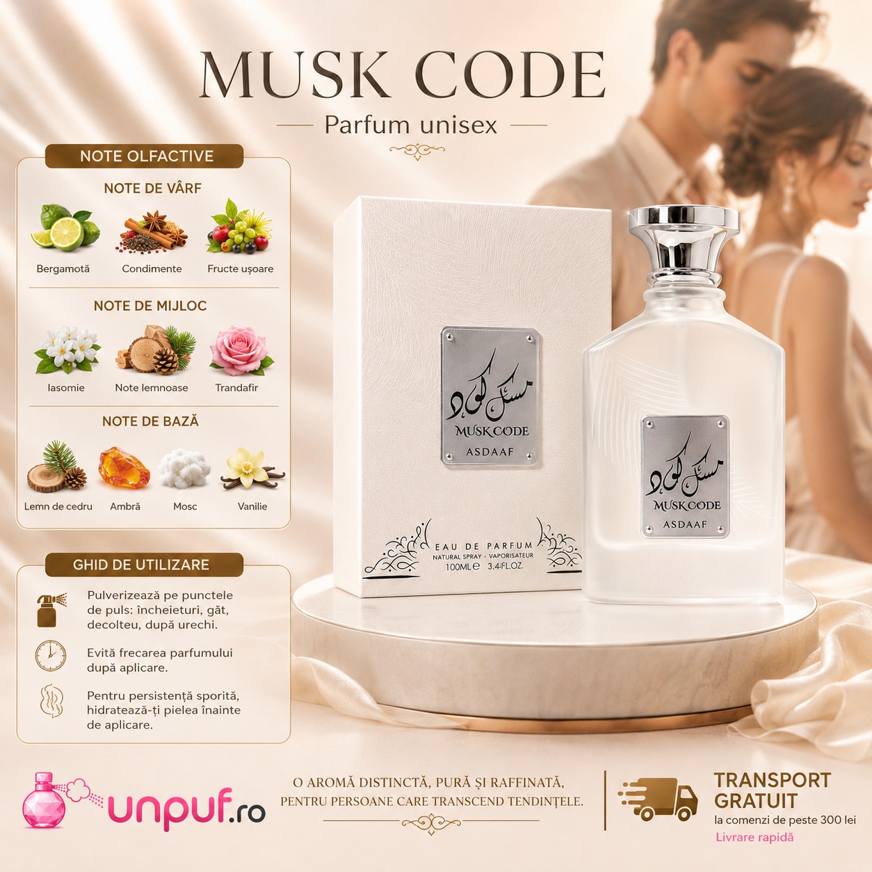 Profil olfactiv Lattafa Asdaaf Musk Code cu bergamotă, condimente, fructe ușoare, iasomie, note lemnoase, trandafir, cedru, ambră, mosc și vanilie