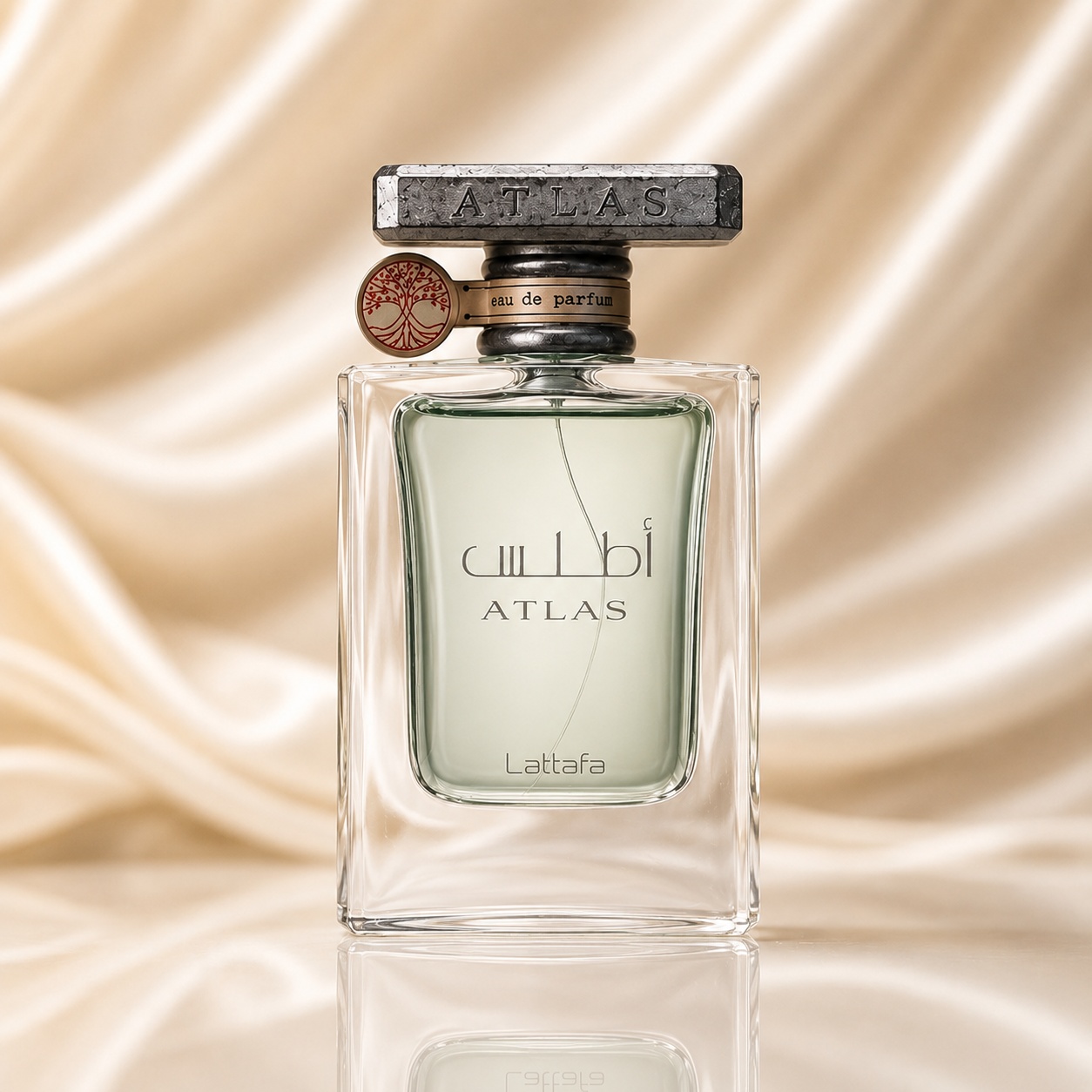 Flacon Lattafa Atlas 55 ml parfum arăbesc bărbătesc cu sticlă transparentă lichid verde pal și capac metalic Atlas