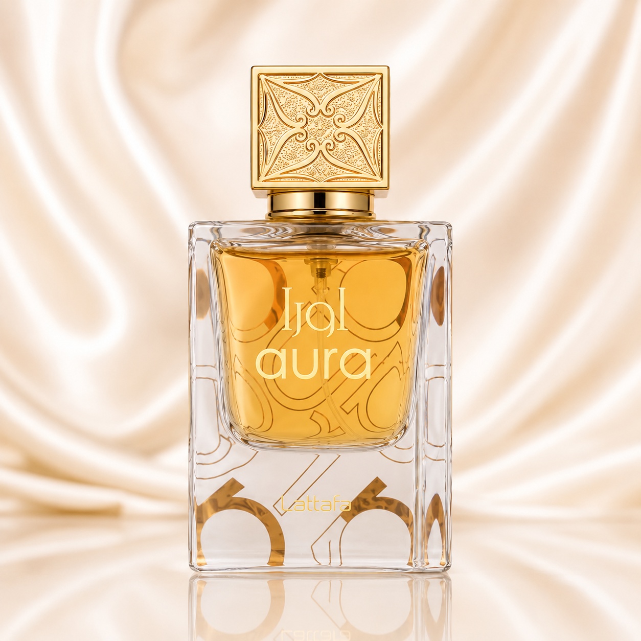 Flacon Lattafa Aura 100 ml parfum arăbesc unisex cu lichid auriu capac ornamental și sticlă transparentă elegantă