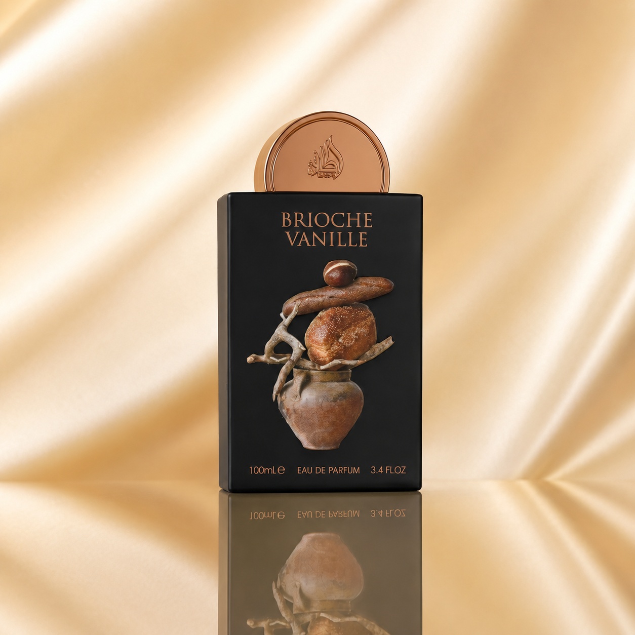 Flacon Lattafa Brioche Vanille 100 ml parfum unisex negru cu detalii bronz și design gurmand elegant