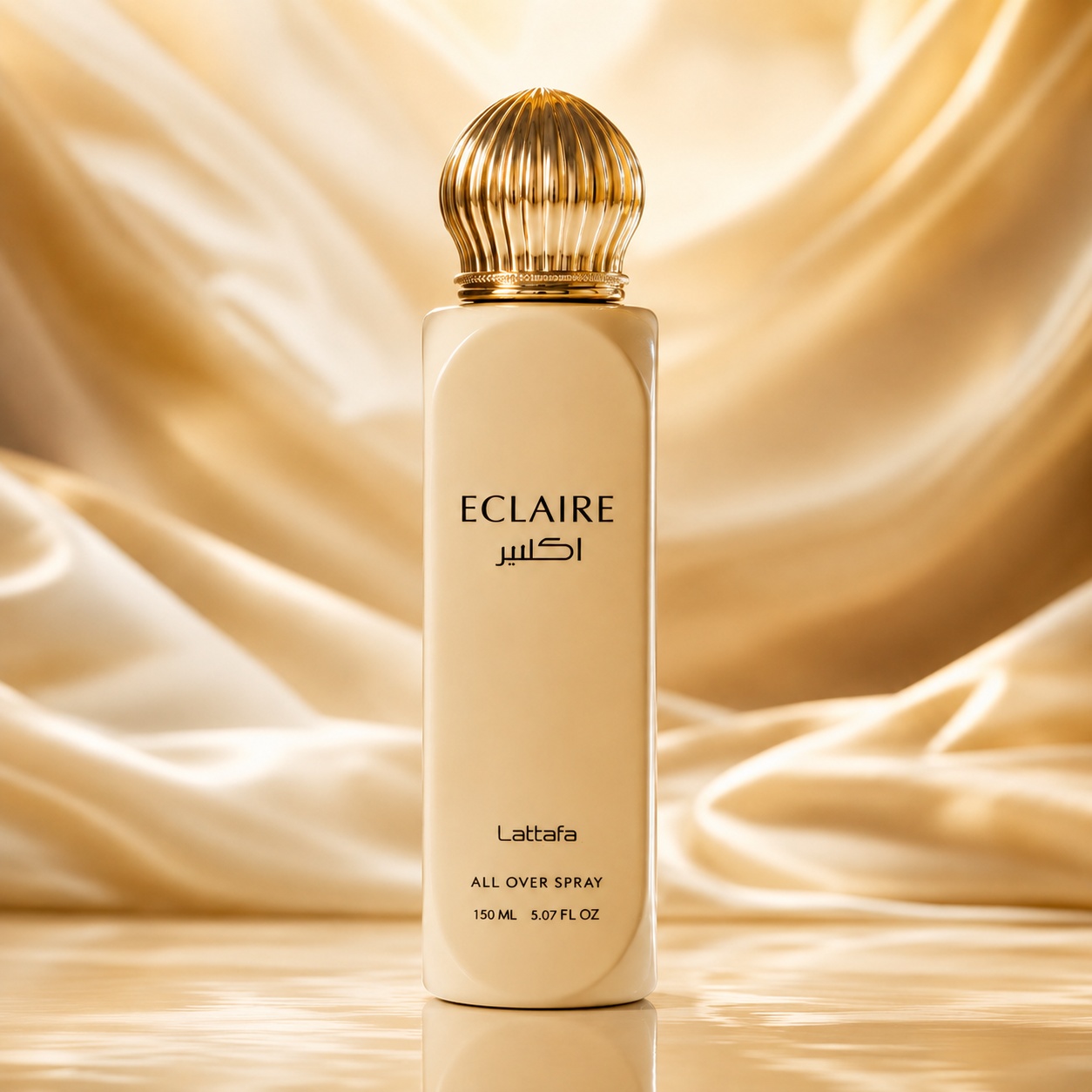 Flacon Lattafa Eclaire All Over Spray 150 ml crem cu capac auriu elegant pentru păr și corp