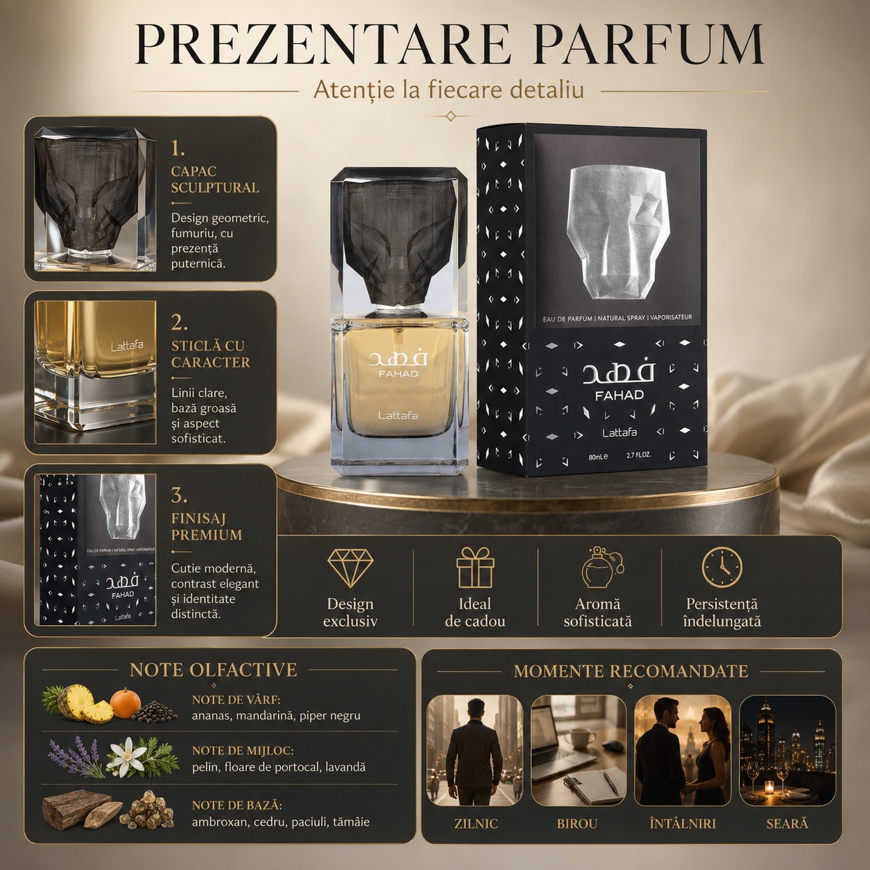 Prezentare parfum Lattafa Fahad cu detalii despre sticlă, capac, finisaj premium, note olfactive și momente recomandate