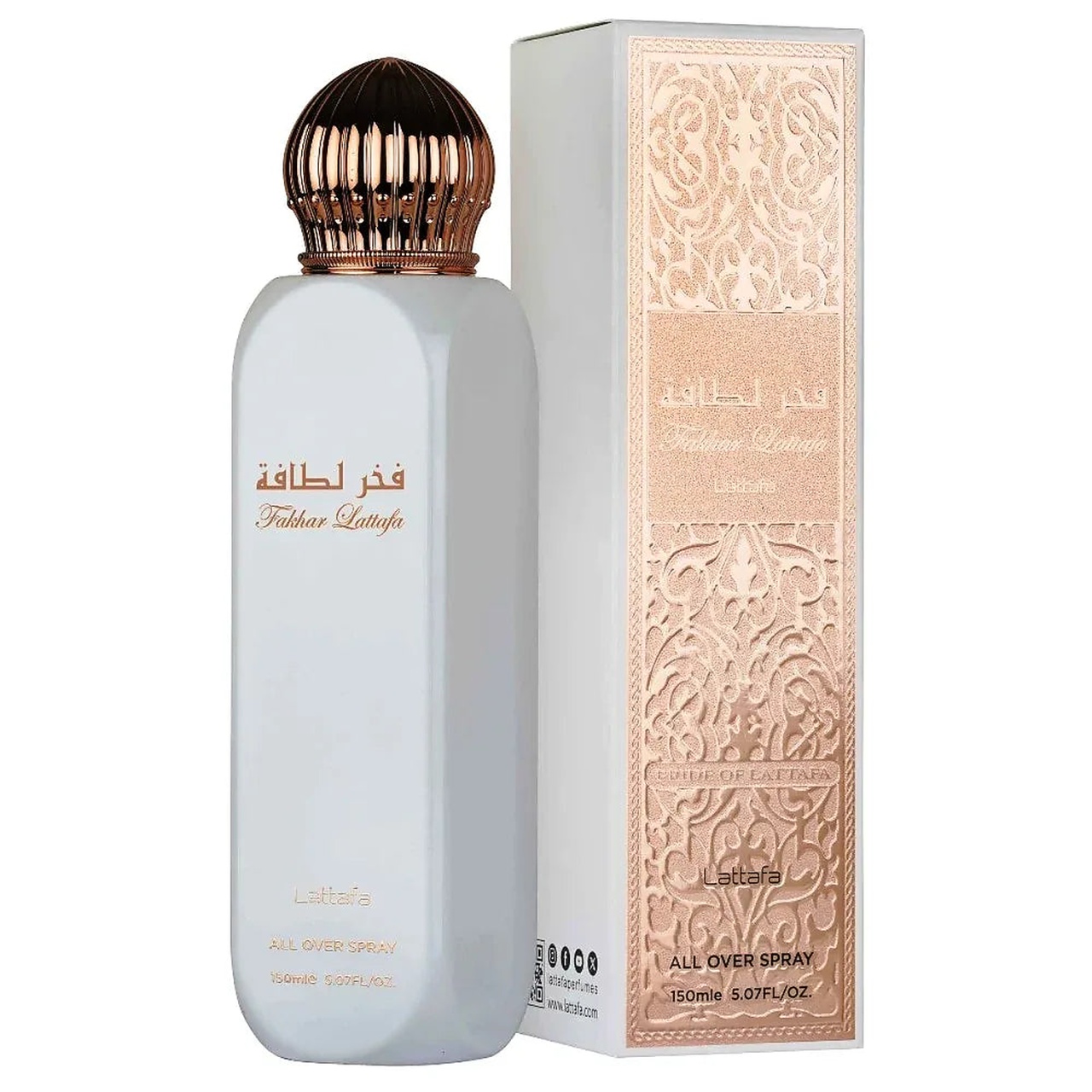 Lattafa Fakhar Women All Over Spray 150 ml produs original cu flacon alb și cutie Lattafa