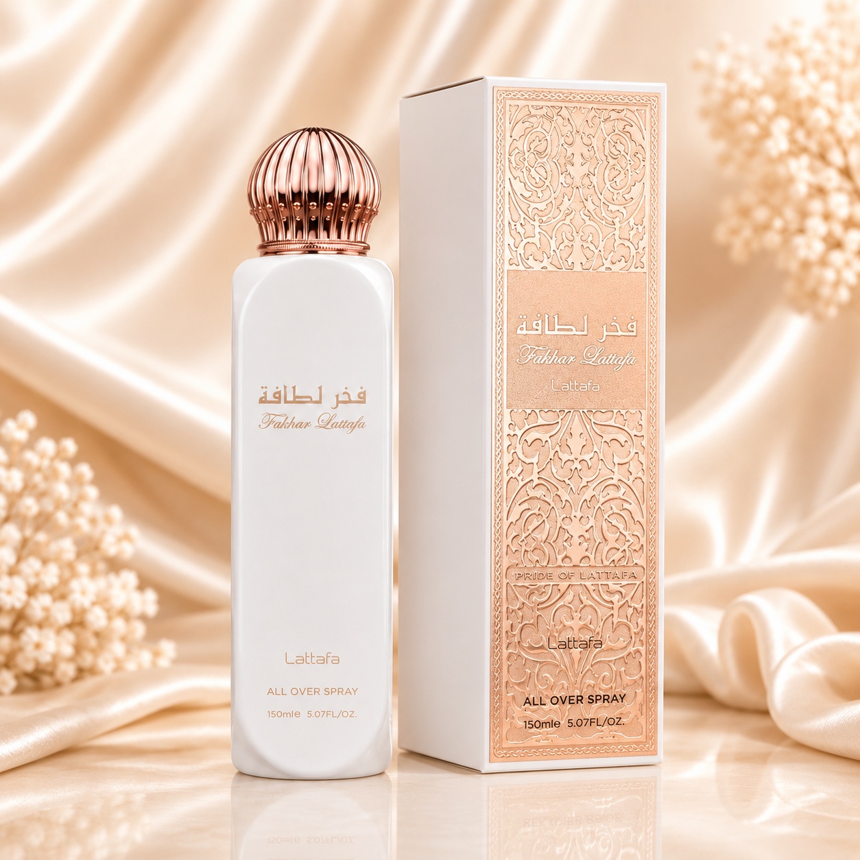 Lattafa Fakhar Women All Over Spray 150 ml flacon alb și cutie rose gold cu design feminin premium
