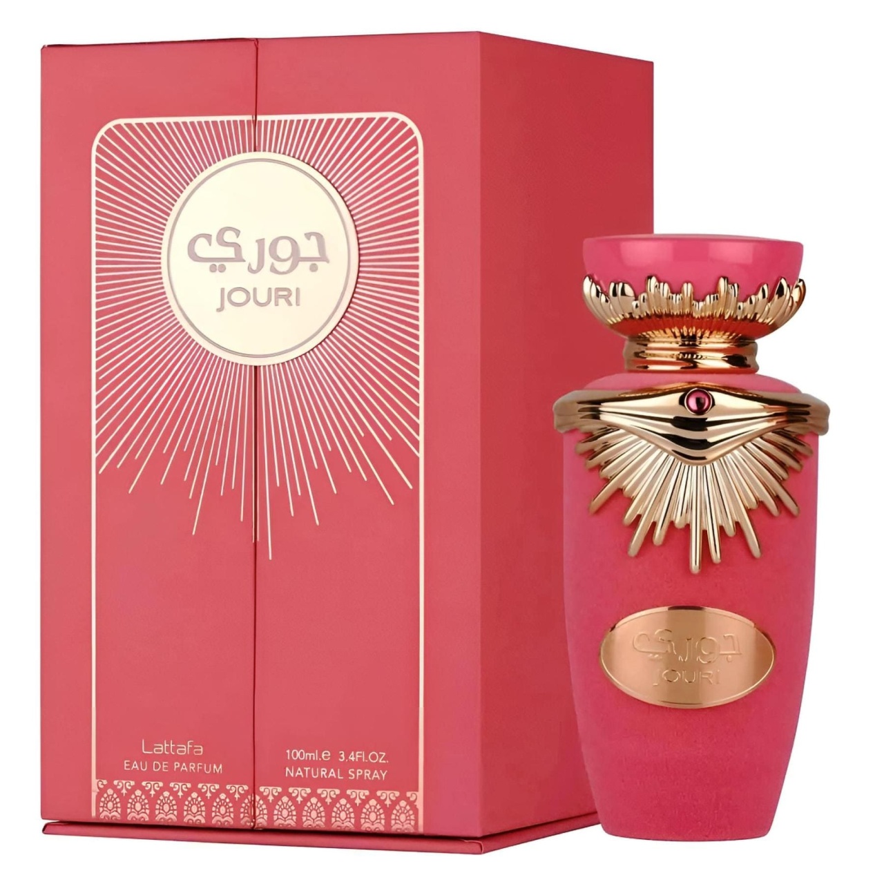 Lattafa Jouri 100ml cu sticlă și cutie roz pe fundal alb, prezentare completă produs