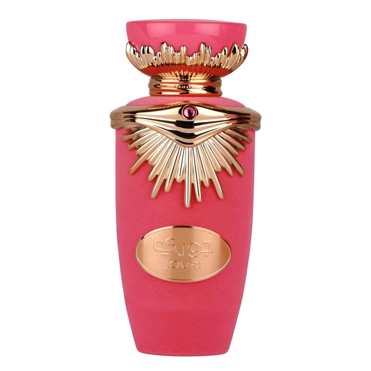 Lattafa Jouri 100ml, flacon individual roz pe fundal alb, parfum arabesc de damă