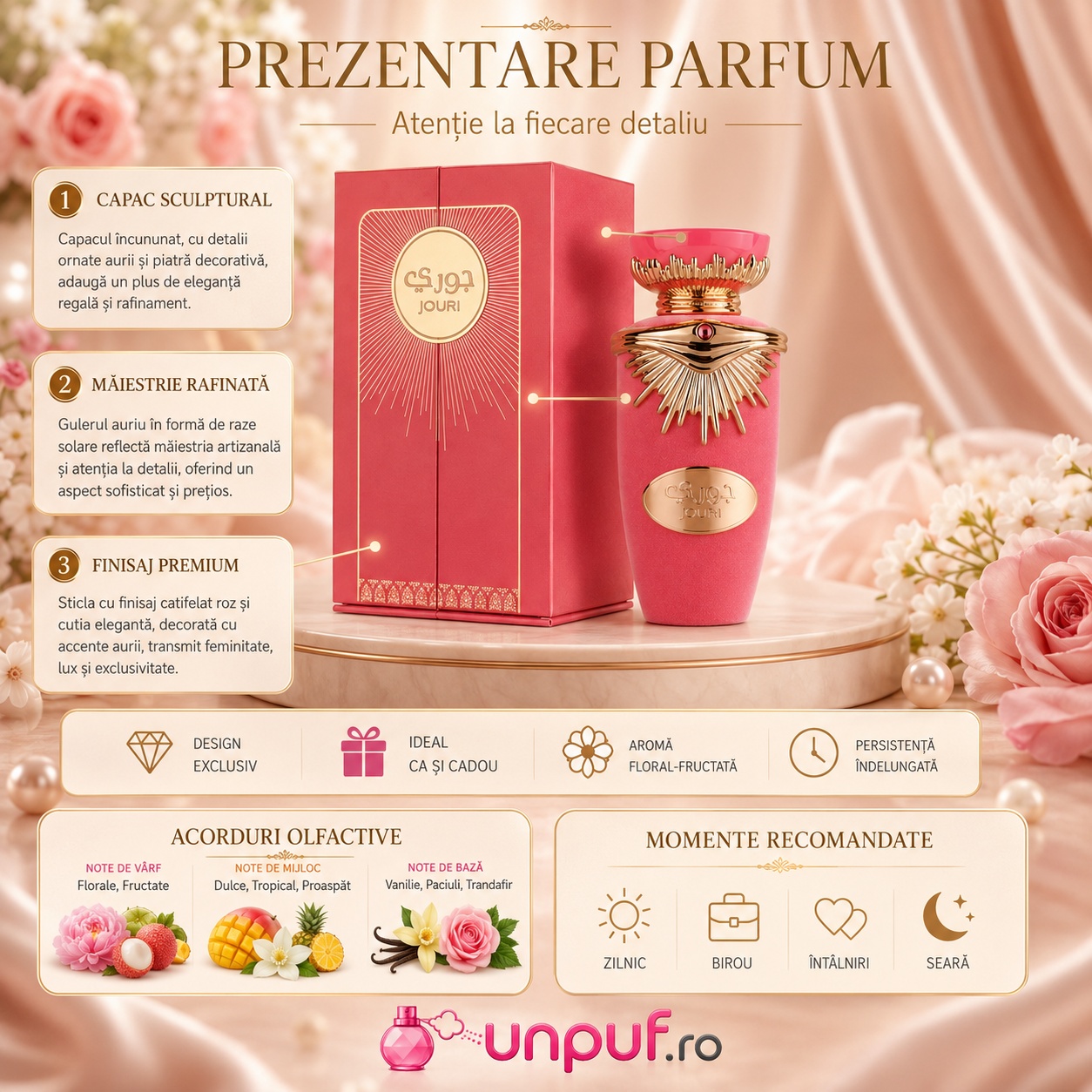 Prezentare Lattafa Jouri cu detalii despre capac, finisaj premium, acorduri olfactive și momente recomandate