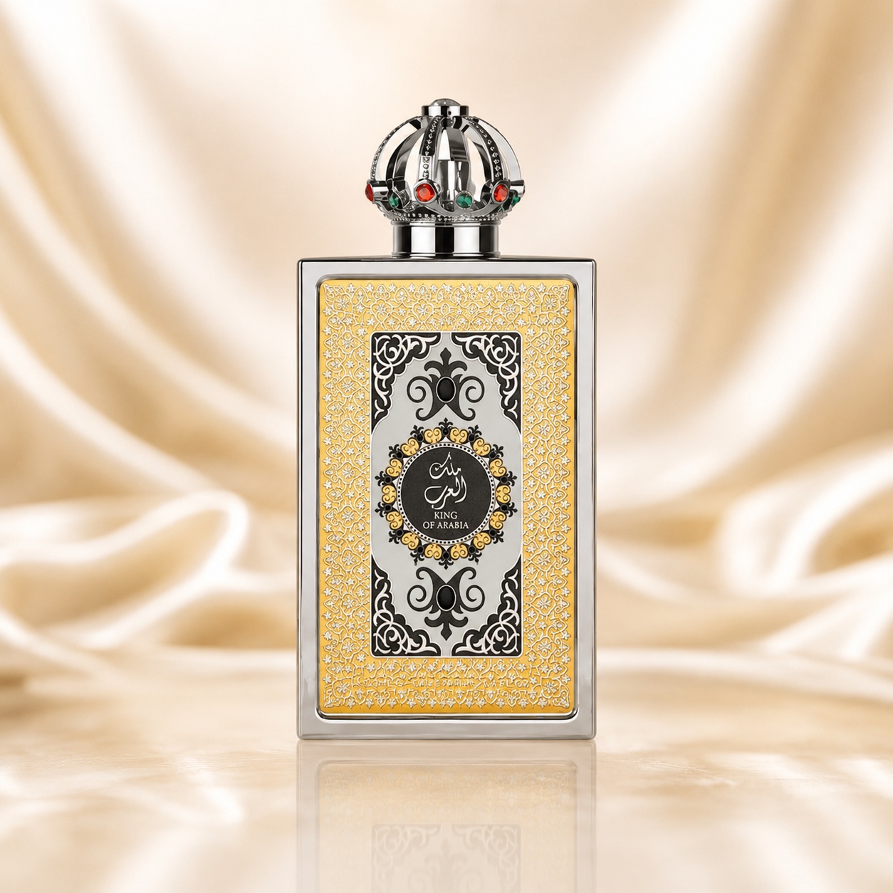 Flacon Lattafa King Of Arabia 100 ml parfum unisex cu capac regal tip coroană și ornamente aurii orientale