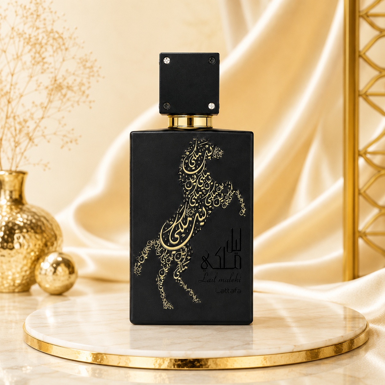 Flacon Lattafa Lail Maleki 30 ml parfum unisex negru mat cu detalii aurii și capac pătrat elegant