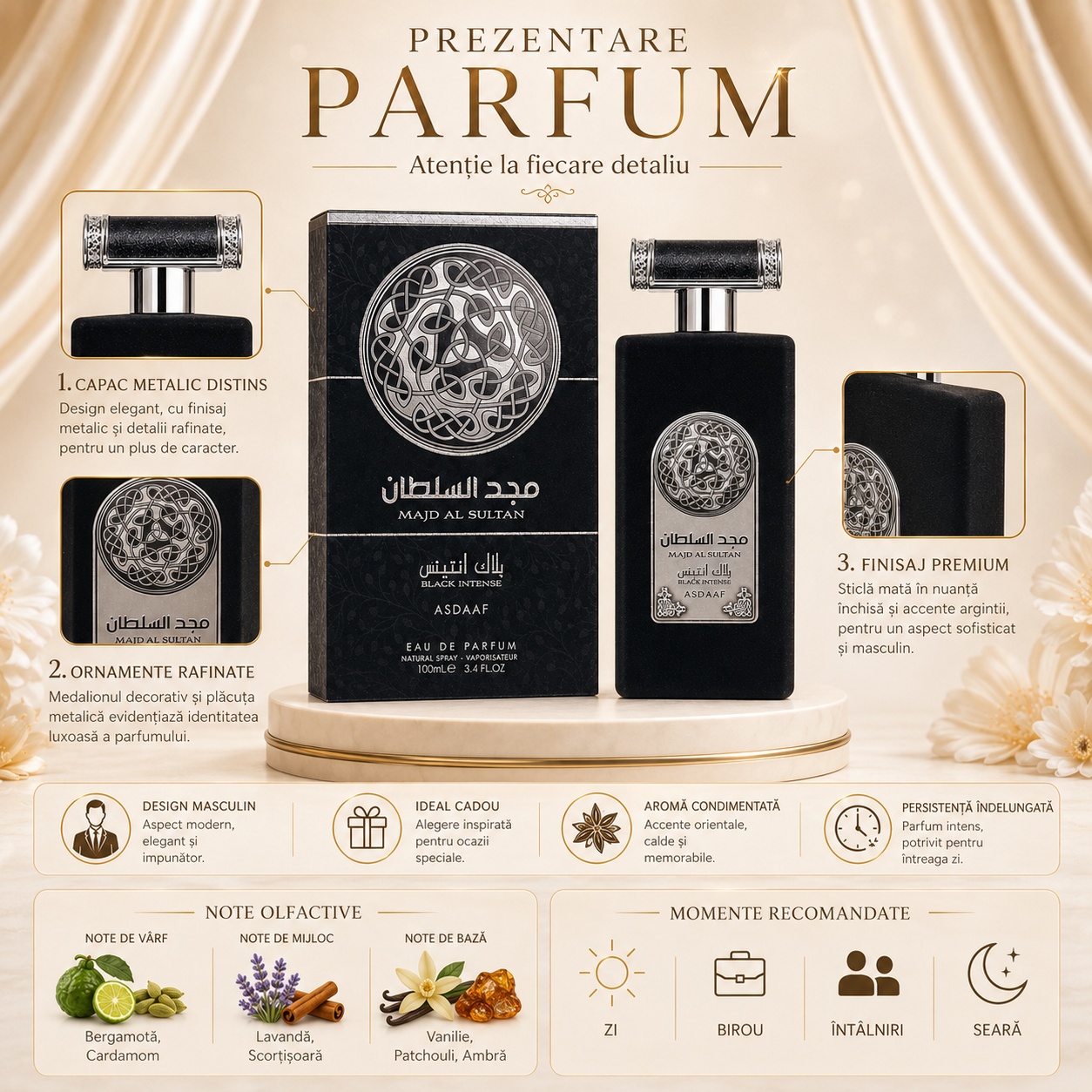 Prezentare Lattafa Majd Al Sultan Black parfum bărbătesc cu capac metalic ornamente rafinate aromă condimentată și persistență îndelungată
