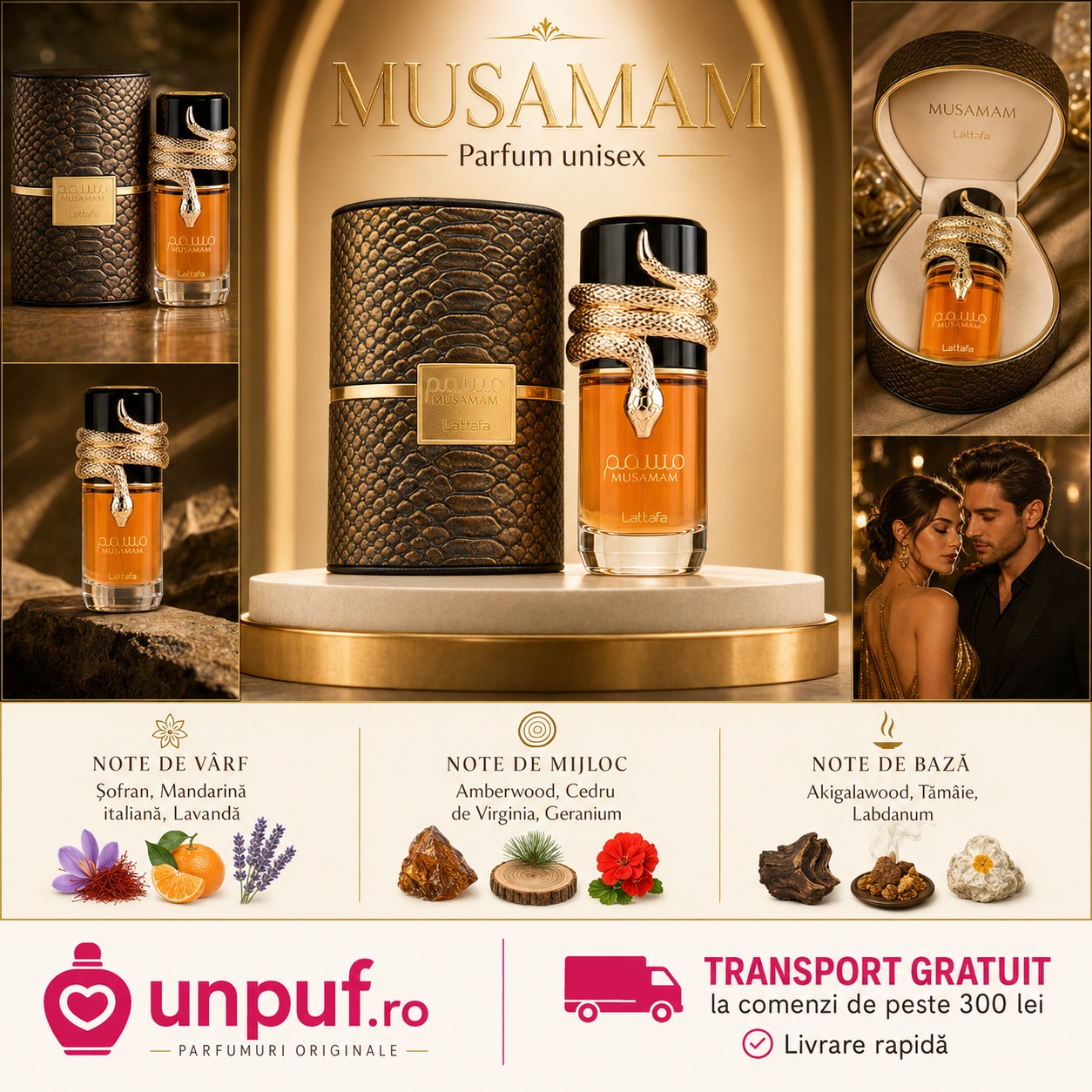 Lattafa Musamam parfum unisex elegant cu note florale lemnoase rășinoase și piele
