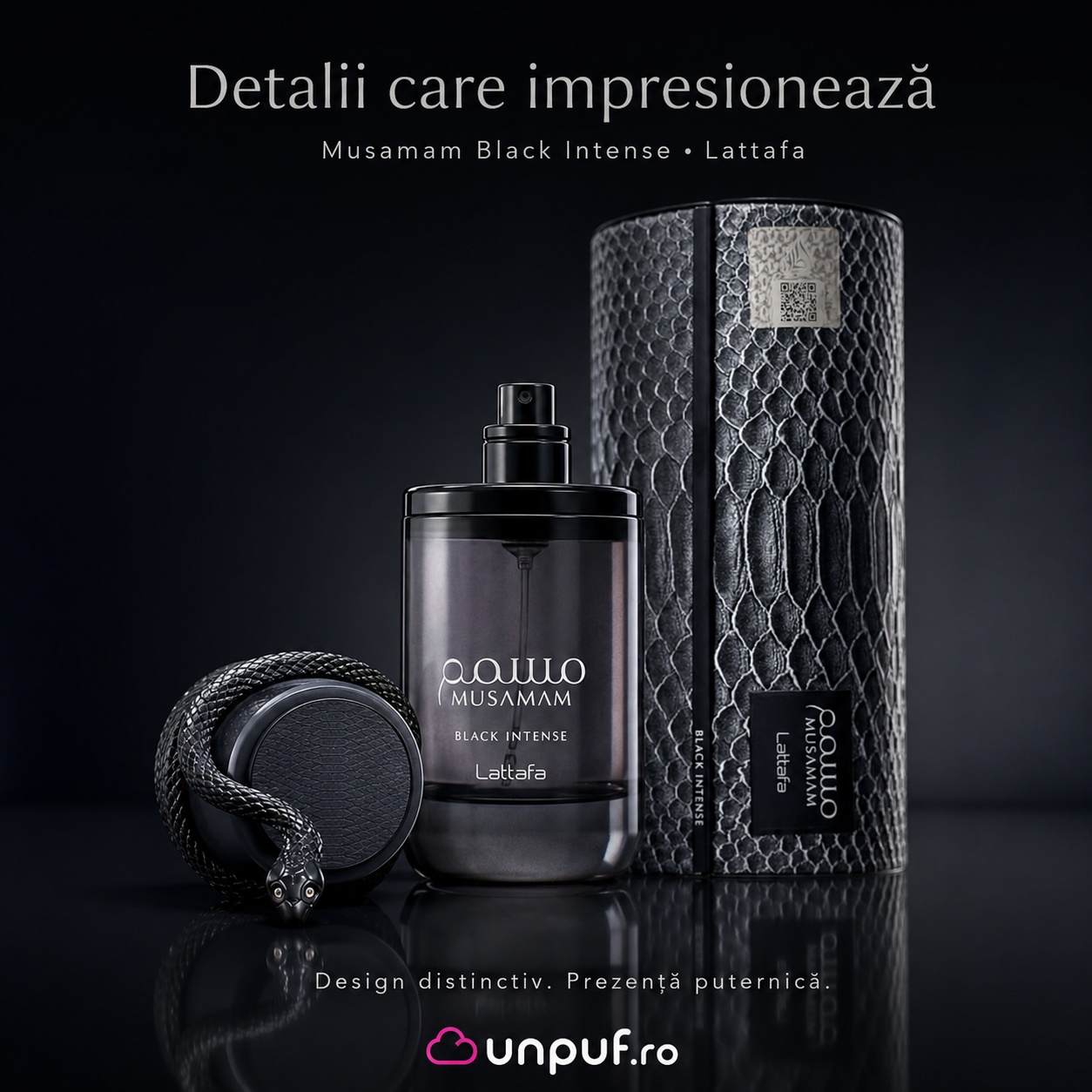 Design distinctiv Lattafa Musamam Black Intense flacon negru elegant și ambalaj premium