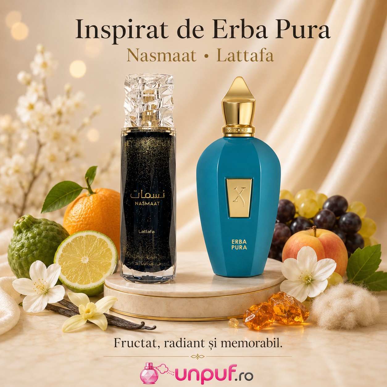 Lattafa Nasmaat parfum inspirat de Erba Pura cu aromă fructată radiantă și memorabilă
