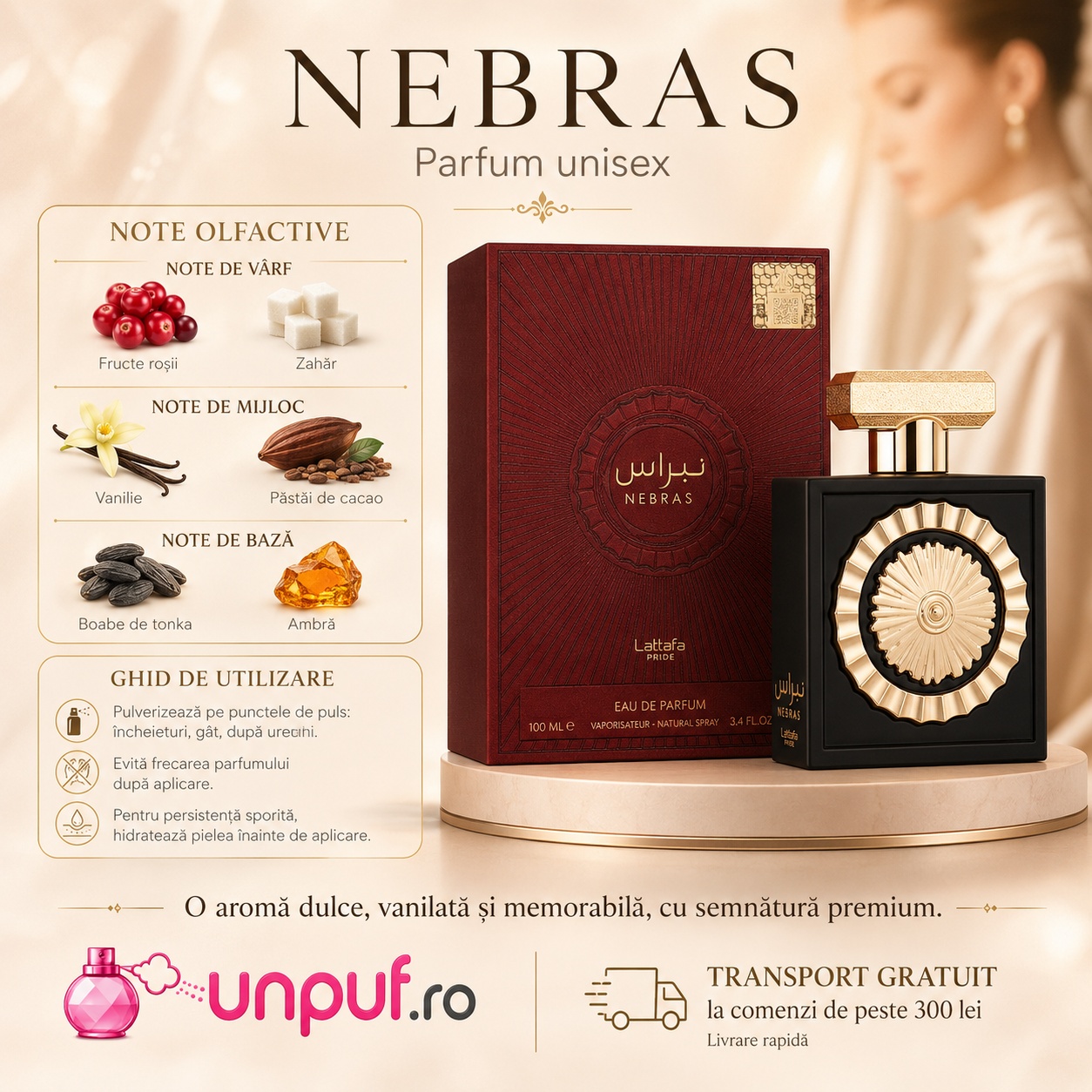 Lattafa Nebras parfum unisex cu note de fructe roșii, zahăr, vanilie, păstăi de cacao, boabe de tonka și ambră