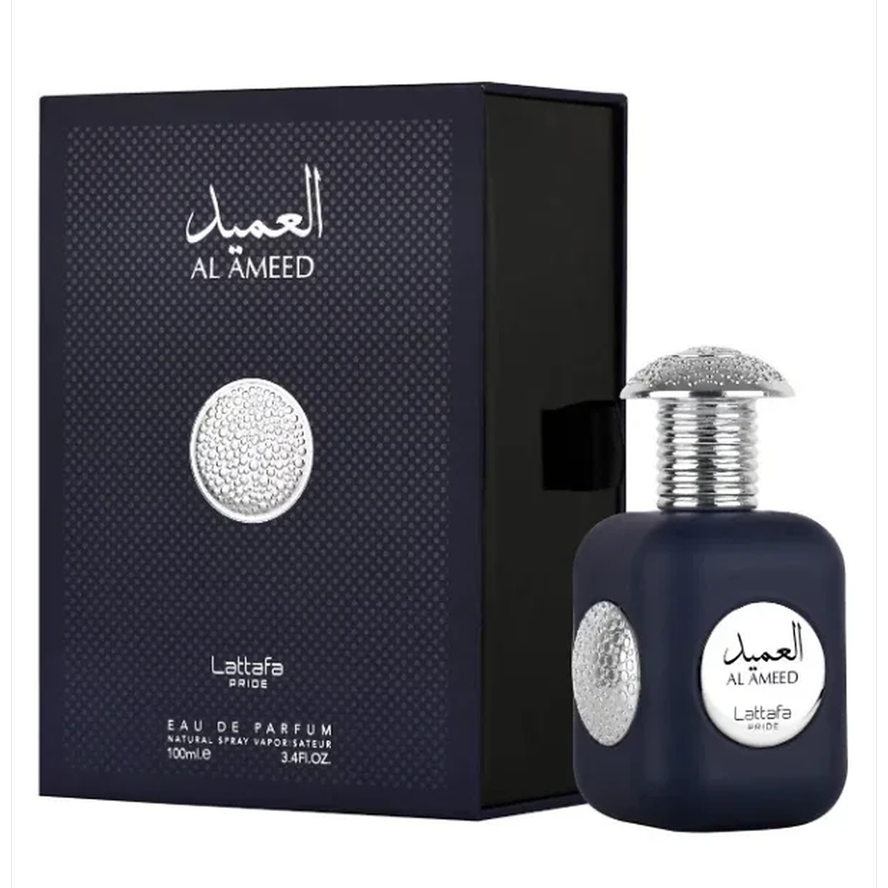 Lattafa Pride Al Ameed Silver 100 ml sticlă și cutie pe fundal alb