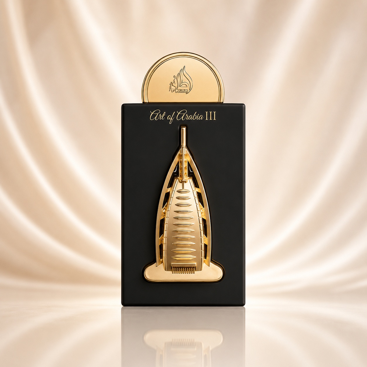Flacon Lattafa Pride Art of Arabia III 100 ml parfum unisex negru mat cu ornament auriu inspirat de arhitectura arabă