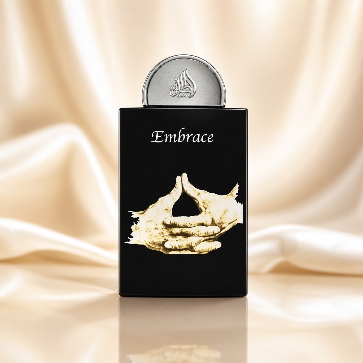 Flacon Lattafa Pride Embrace 100 ml parfum unisex negru mat cu ilustrație artistică și capac metalic argintiu