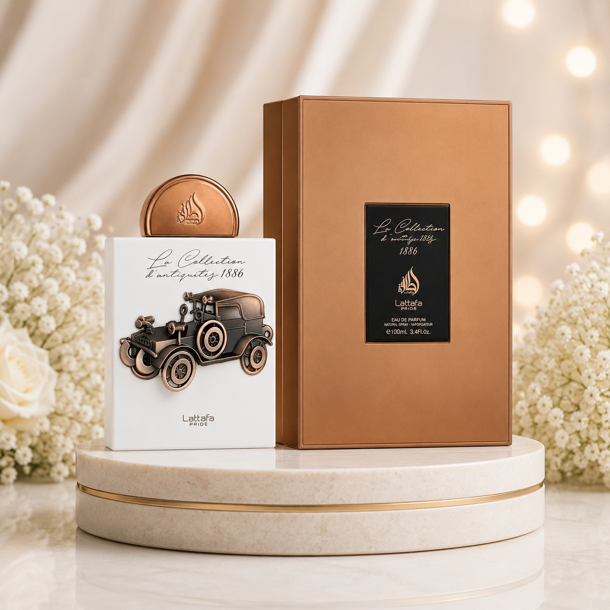 Parfum Arăbesc Lattafa Pride La Collection Car 1886 100 ml unisex cu flacon alb decorat cu automobil vintage și cutie premium bronz Lattafa Pride