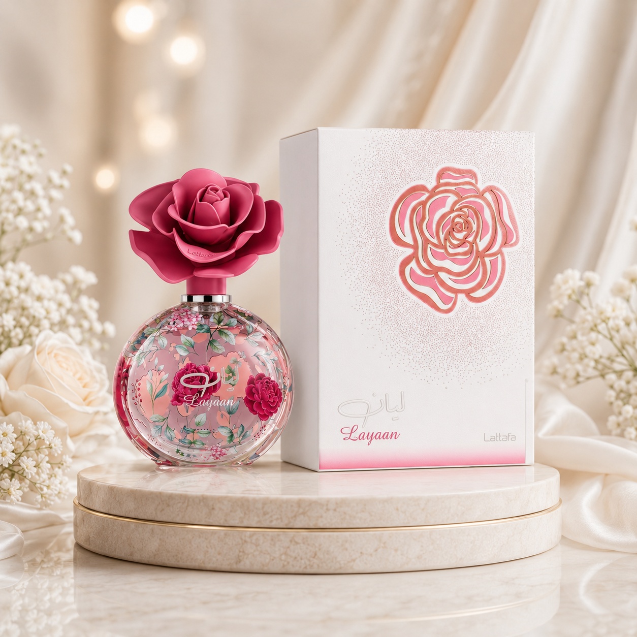 Parfum Arăbesc Lattafa Pride Layaan 75 ml pentru damă cu flacon floral roz și cutie albă premium Lattafa Pride