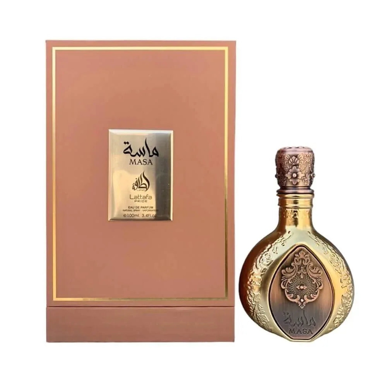 Parfum Lattafa Pride Masa 100 ml apă de parfum unisex cu flacon original auriu și cutie roz bronz Lattafa Pride