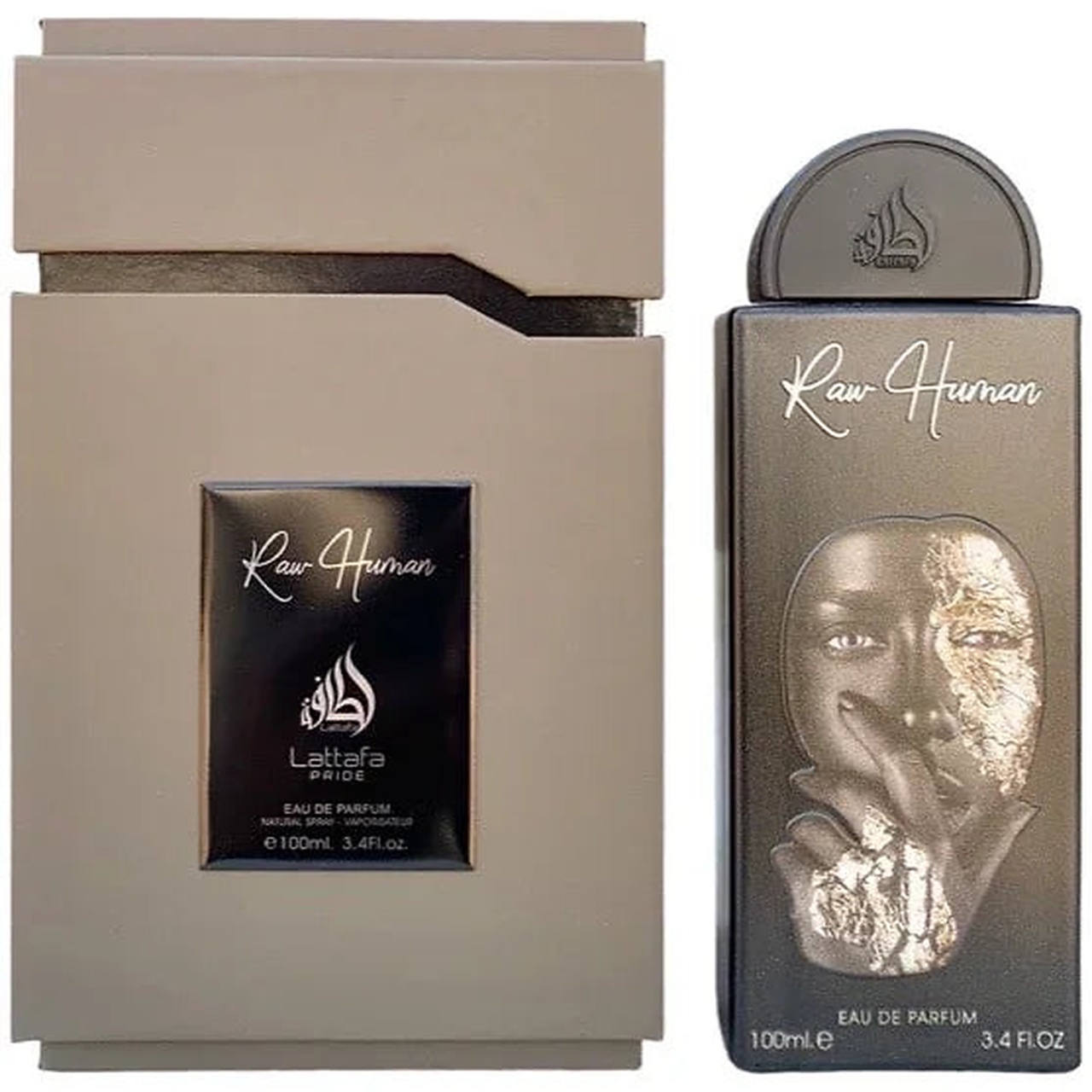 Lattafa Pride Raw Human 100 ml sticlă și cutie produs pe fundal alb