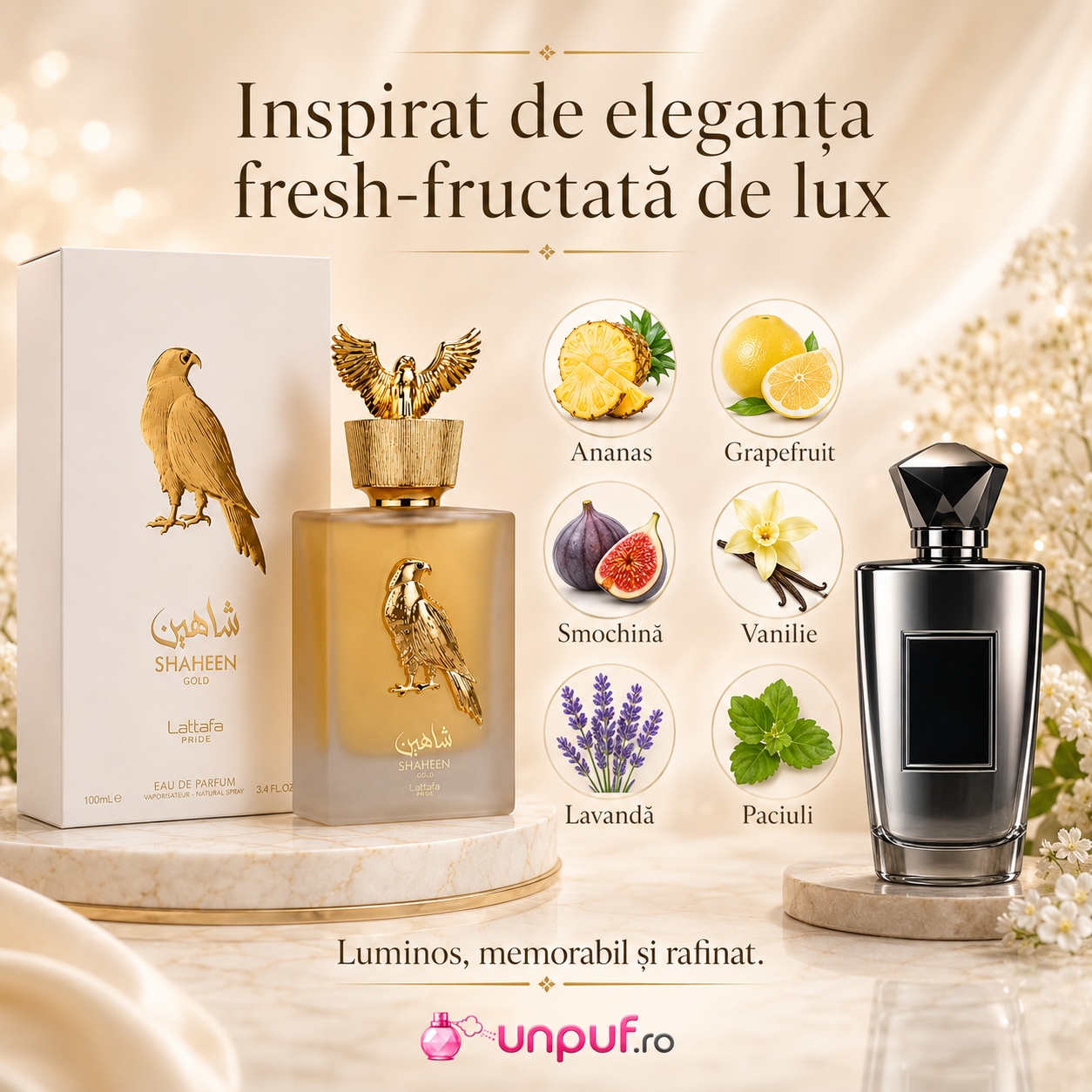 Lattafa Pride Shaheen Gold inspirat de eleganța fresh fructată de lux cu ananas grapefruit smochină vanilie lavandă și patchouli