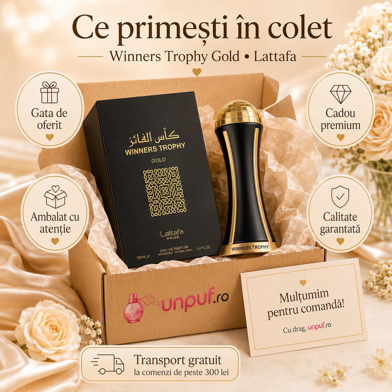 Ce primești &icirc;n colet Lattafa Pride Winners Trophy Gold parfum arabesc unisex ambalat cu atenție de unpuf.ro cadou premium transport gratuit peste 300 lei
