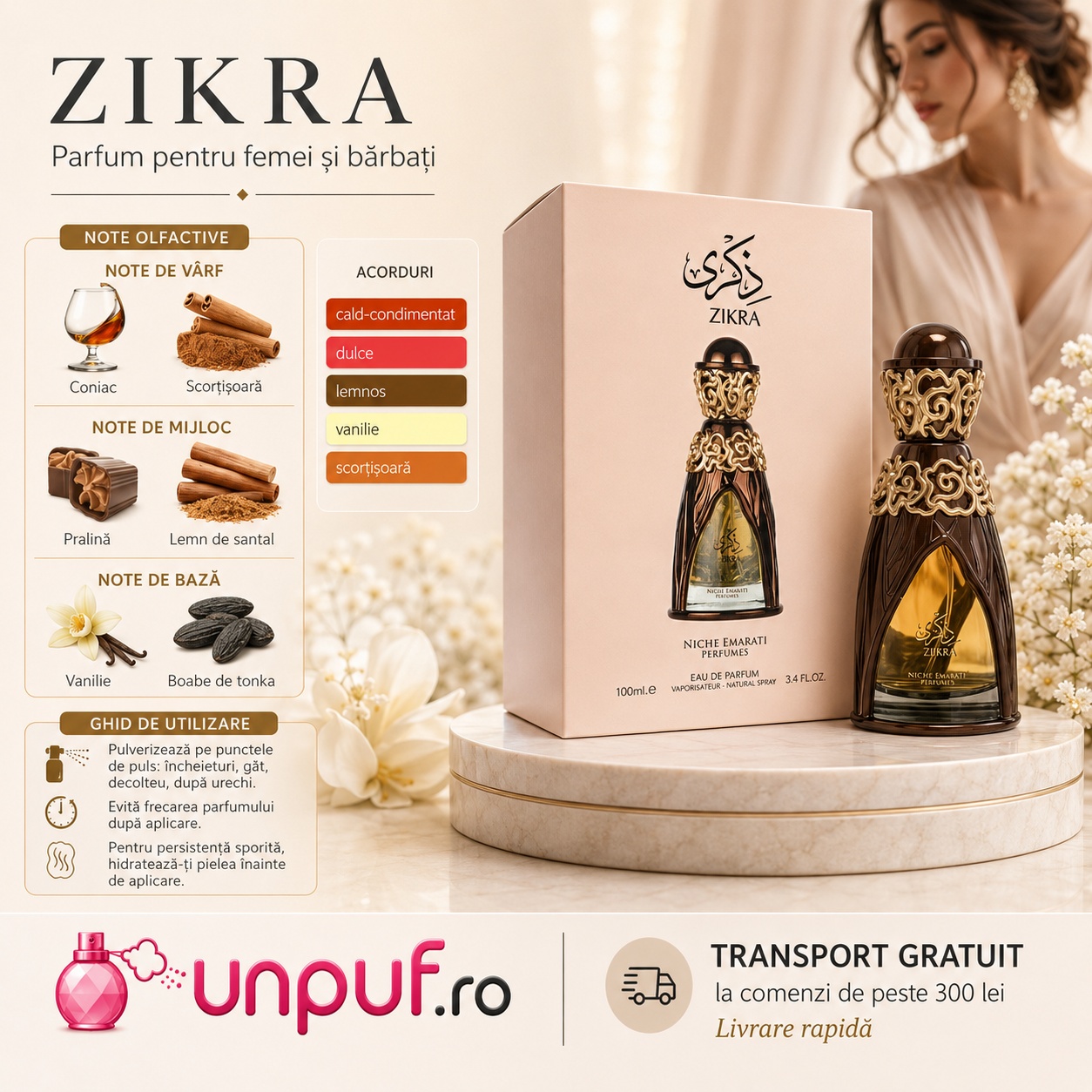 Lattafa Pride Zikra parfum pentru femei și bărbați cu note de coniac, scorțișoară, praline, lemn de santal, vanilie și boabe de tonka