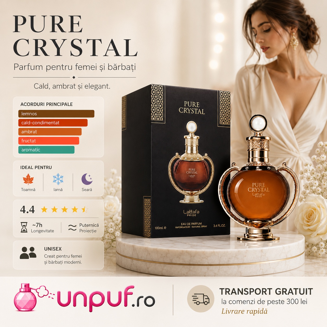 Lattafa Pure Crystal parfum unisex cald, ambrat și elegant, ideal pentru toamnă, iarnă și seară