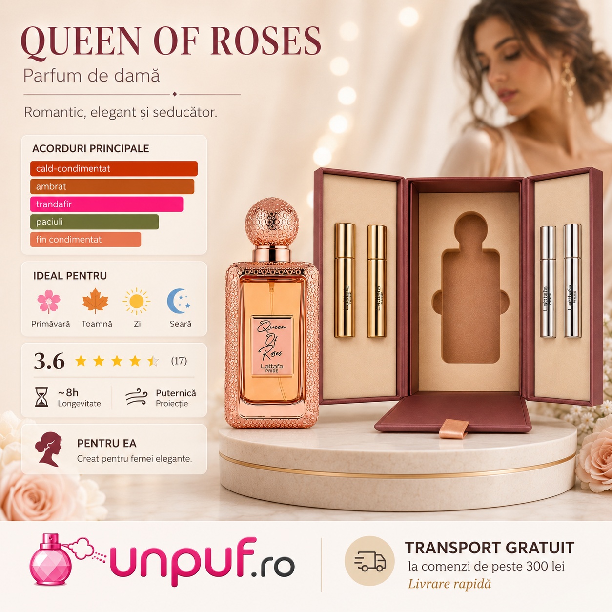 Lattafa Queen Of Roses parfum de damă romantic, elegant și seducător cu trandafir, ambră, paciuli și note cald condimentate