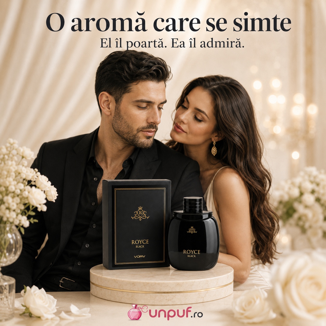Lattafa Royce Black parfum bărbătesc romantic cu aromă elegantă, el &icirc;l poartă, ea &icirc;l admiră