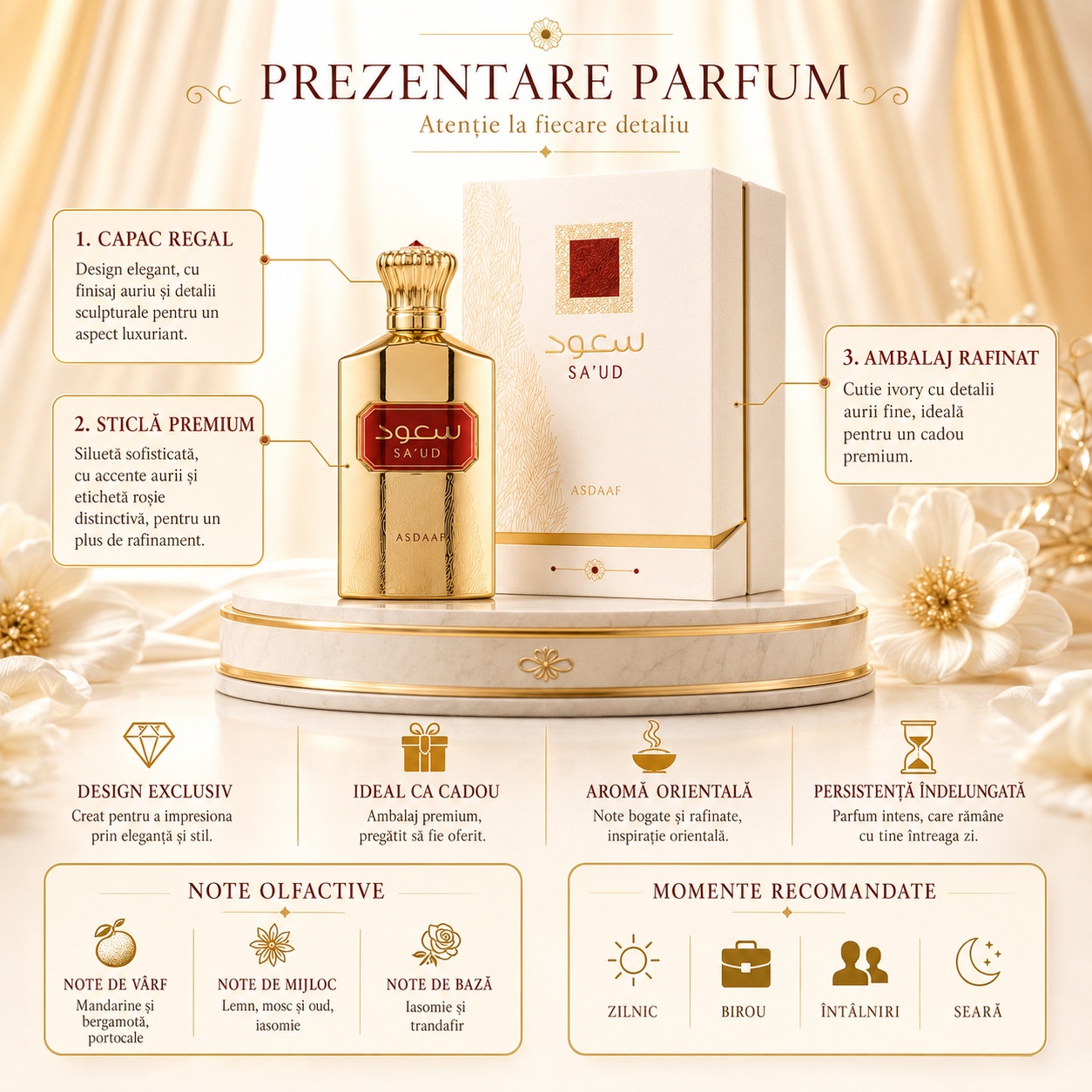 Prezentare parfum Lattafa Saud cu capac regal sticlă premium ambalaj rafinat note olfactive și momente recomandate
