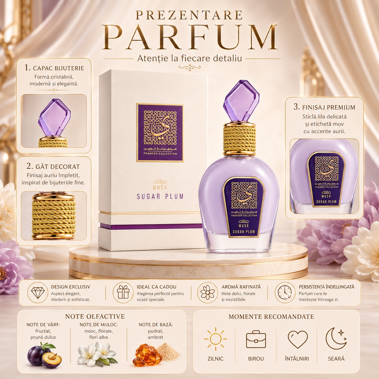 Prezentare parfum Lattafa Thameen Sugar Plum cu capac bijuterie g&acirc;t decorat finisaj premium note olfactive și momente recomandate
