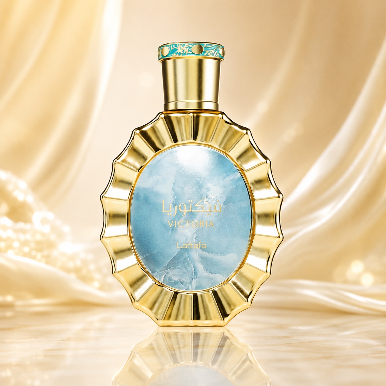 Parfum Arăbesc Lattafa Victoria 100 ml unisex cu flacon auriu sculptural, panou albastru sidefat și design elegant Lattafa