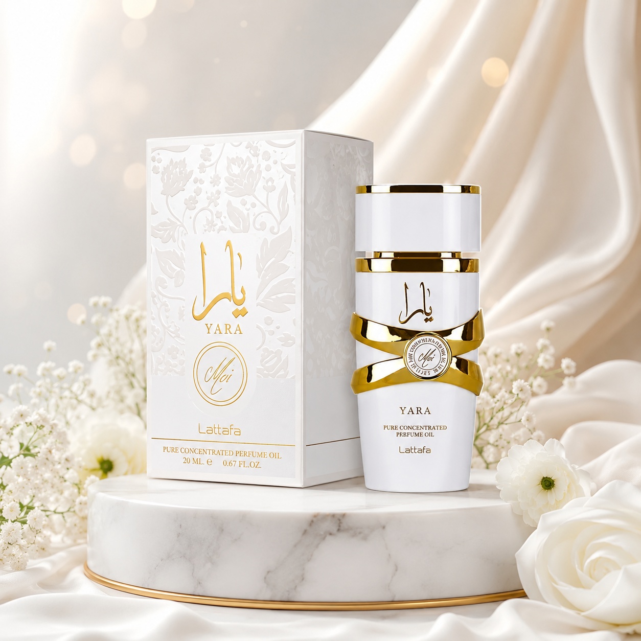 Parfum Arăbesc Lattafa Yara Moi Concentrated Oil 20 ml unisex cu flacon alb elegant, detalii aurii și cutie albă premium Lattafa