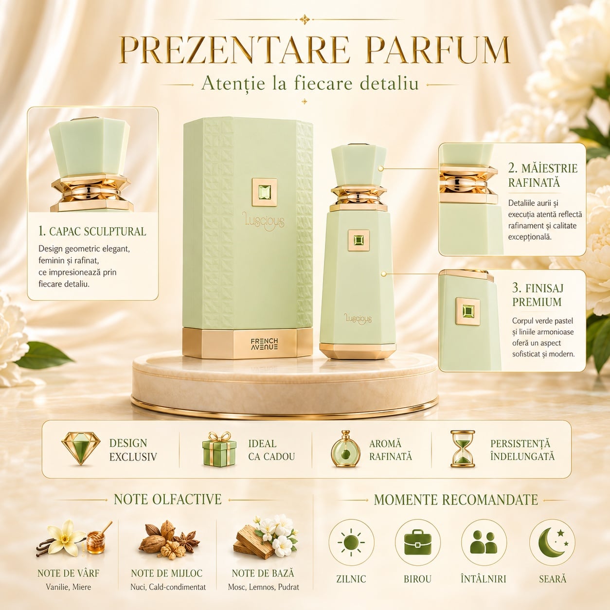 Prezentare parfum Luscious French Avenue cu detalii despre capac sculptural, finisaj premium, design exclusiv și momente recomandate
