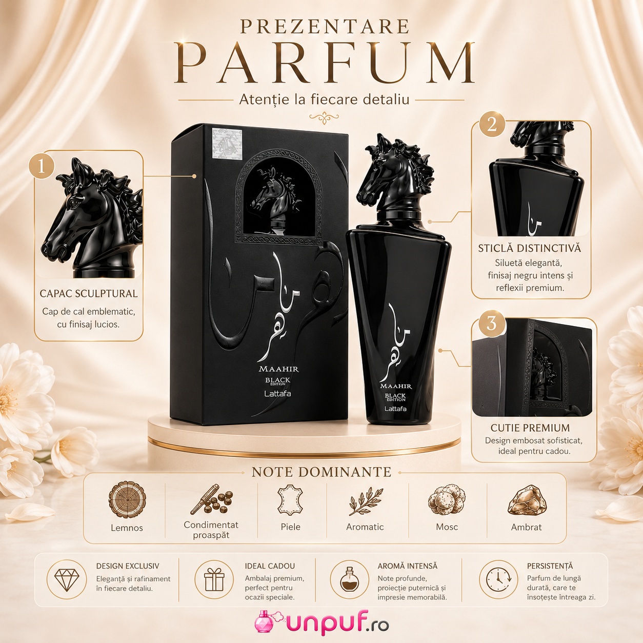 Prezentare parfum Maahir Black Edition Lattafa cu capac sculptural sticlă distinctivă cutie premium note dominante și beneficii