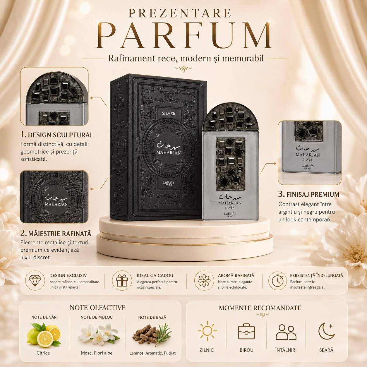 Prezentare parfum Maharjan Silver Lattafa Pride cu design sculptural măiestrie rafinată finisaj premium note olfactive și momente recomandate