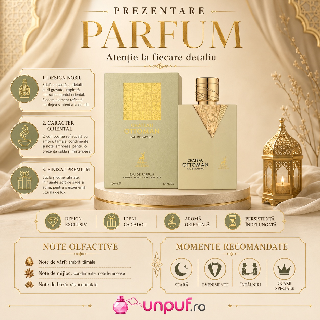 Prezentare parfum Chateau Ottoman Maison Alhambra cu note olfactive, design nobil și caracter oriental