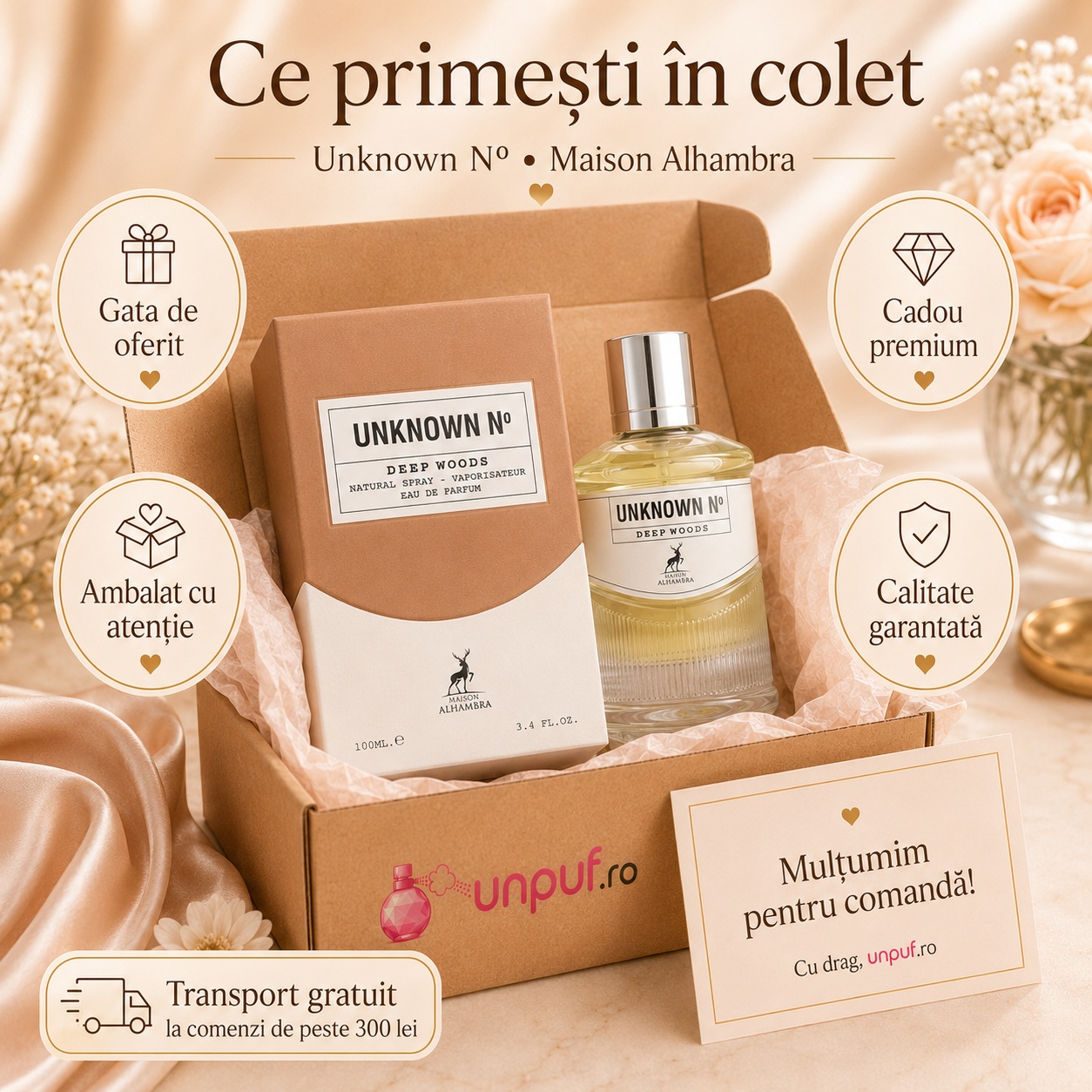 Ce primești în colet Maison Alhambra Unknown No Deep Woods, parfum sigilat și ambalat cu atenție