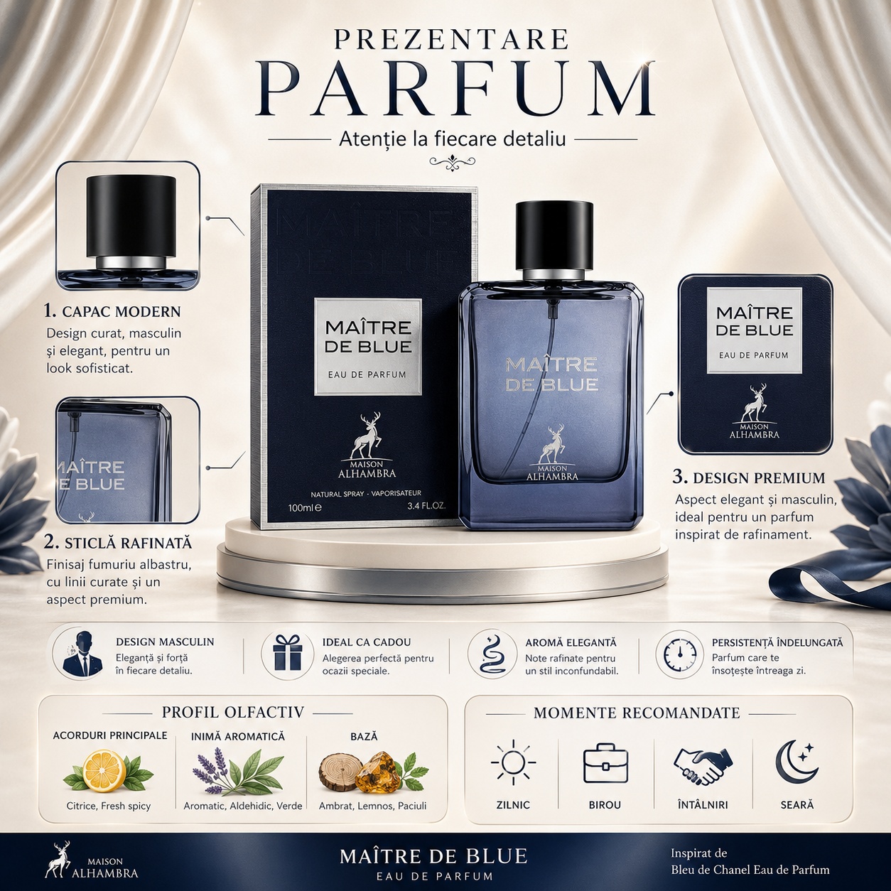 Prezentare parfum Maitre De Blue Maison Alhambra cu capac modern, sticlă rafinată, design premium și profil olfactiv lemnos aromatic
