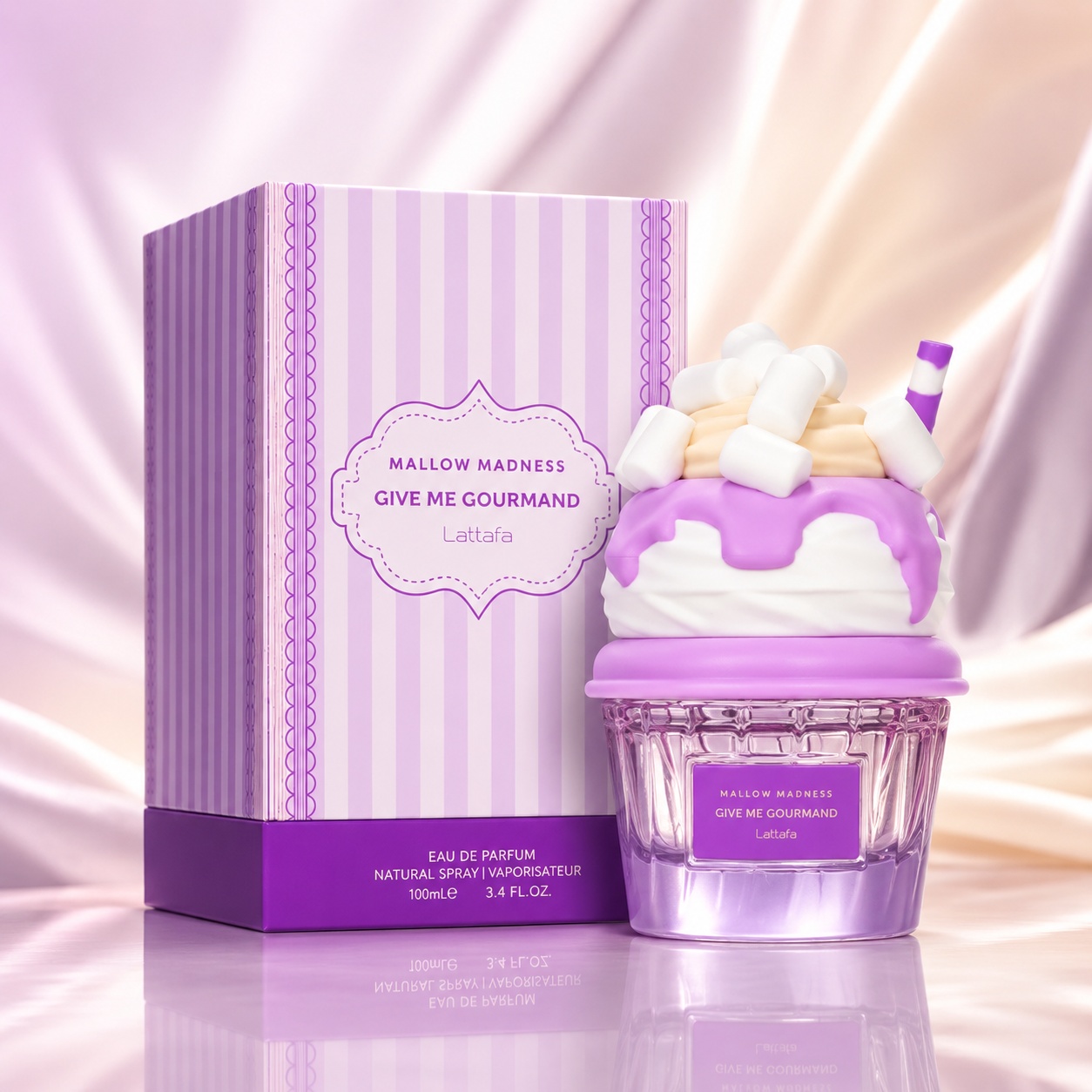 Parfum Arăbesc Mallow Madness Lattafa 75 ml damă cu flacon mov &icirc;n formă de desert, bezele, frișcă și cutie premium roz mov