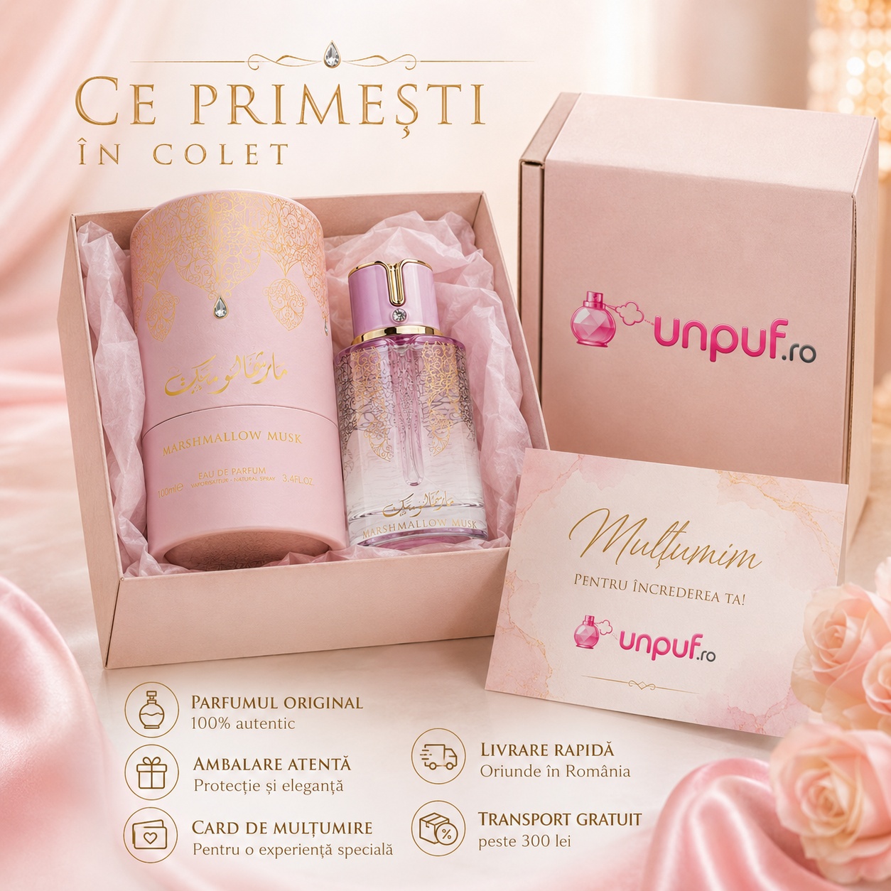 Ce primești în colet la Parfum Marshmallow Musk, ambalaj elegant UnPuf.ro